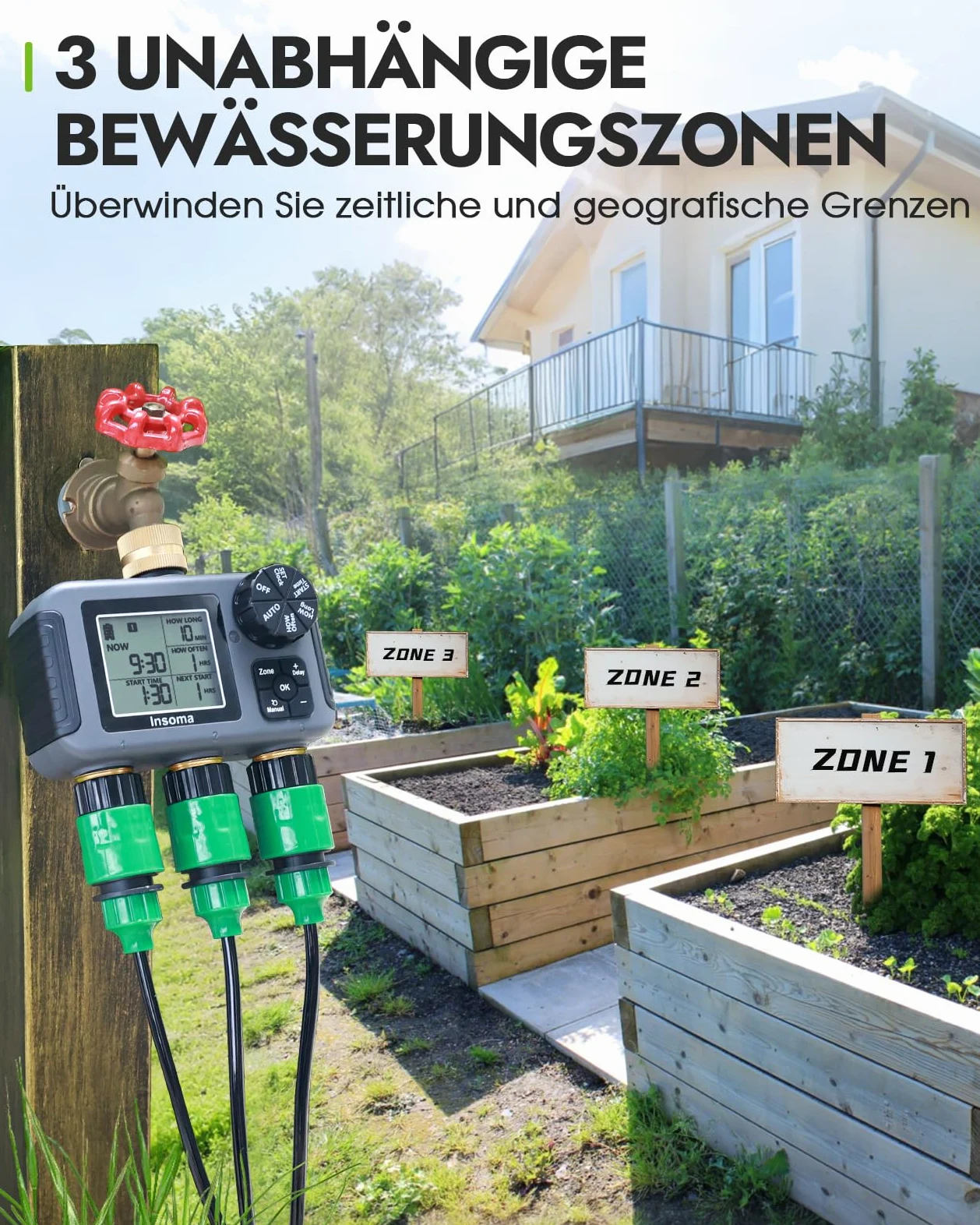 Insoma Horloge d'arrosage à 3 zones, entrée et sortie en laiton + étanche IPX5, arrosage automatique/manuel, retard de pluie et grand écran, minuterie de robinet pour jardin, pelouse et tuyaux de cour