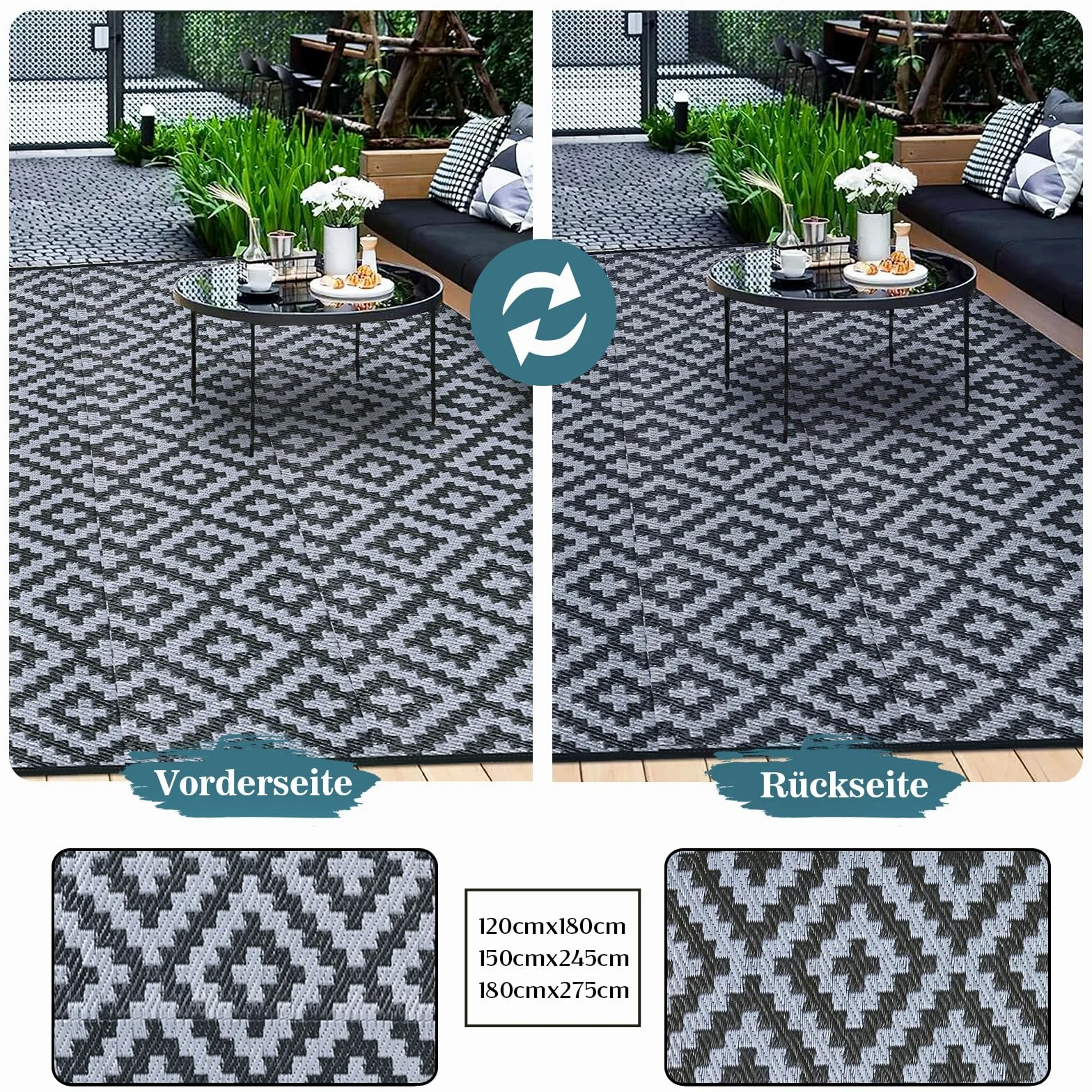 Alishomtll Tapis d'extérieur 180 x 275 cm résistant aux intempéries, en plastique polypropylène imperméable, pour terrasse, jardin, balcon, réversible, résistant aux UV, tapis extérieur, camping, pour
