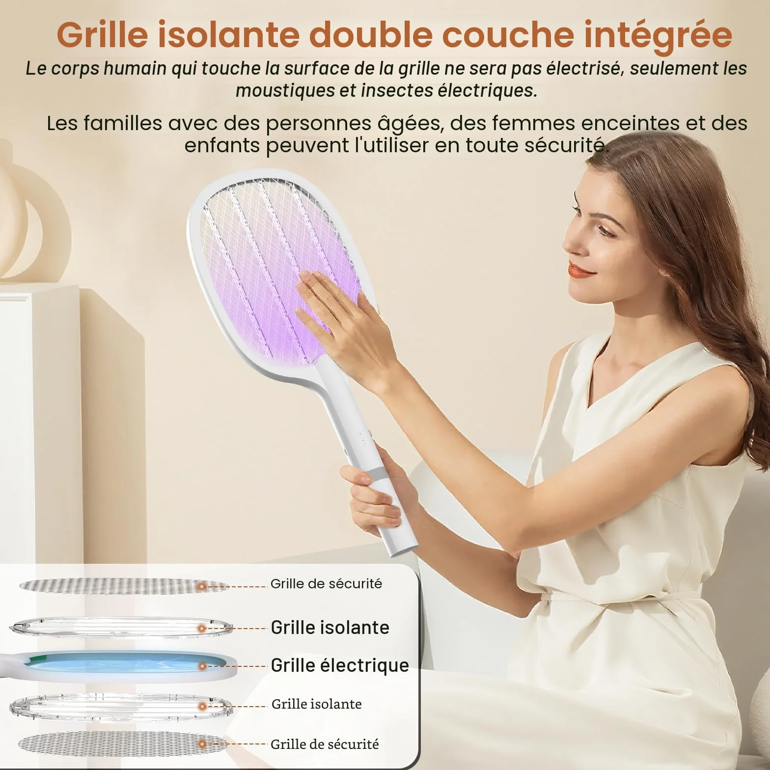 Raquette Electrique Insectes 5000V 2000 mAh Tapette à Mouches USB C 2 en 1 Anti-Moustiques