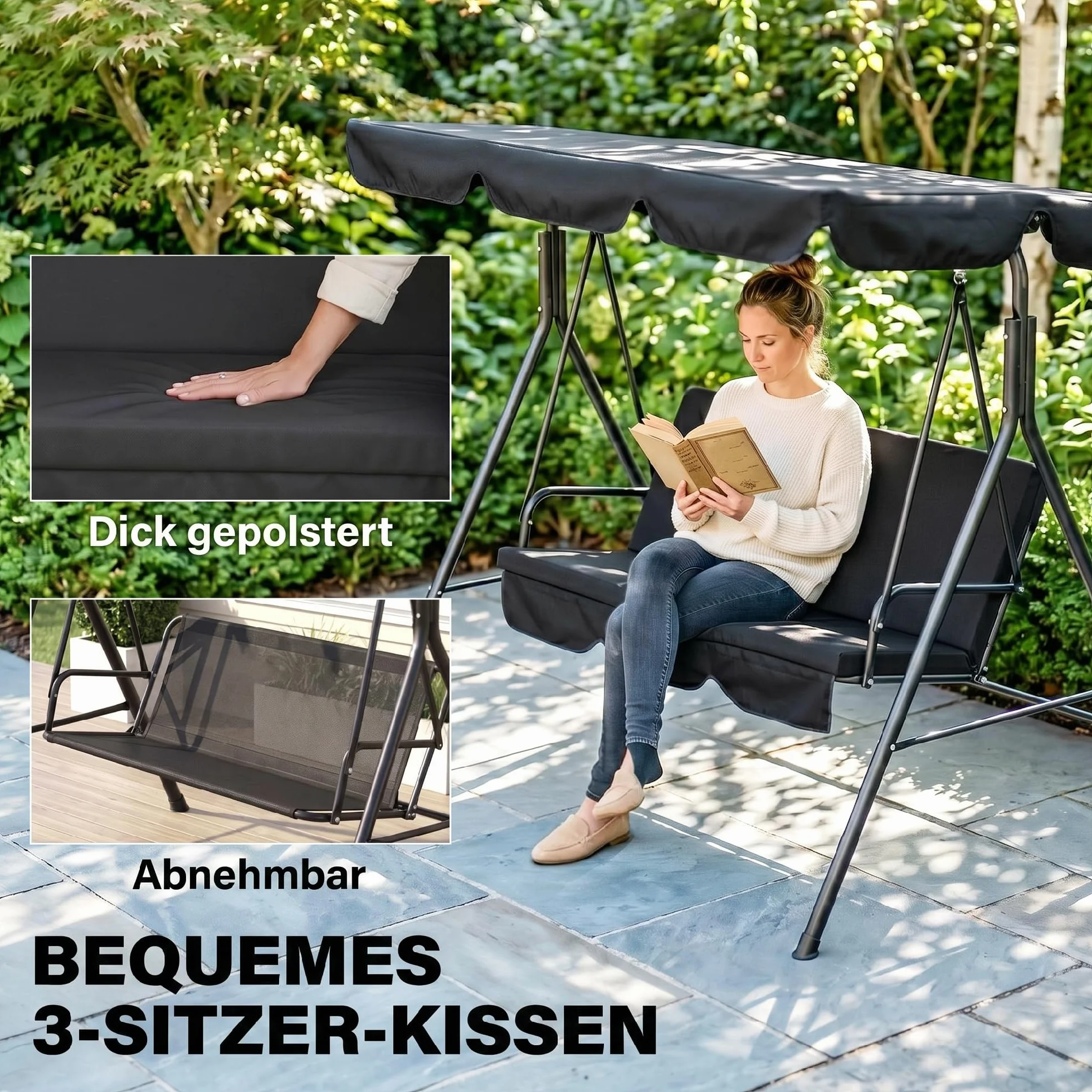 Outsunny Balancelle de Jardin 3 Places Toit Inclinaison réglable Acier Noir