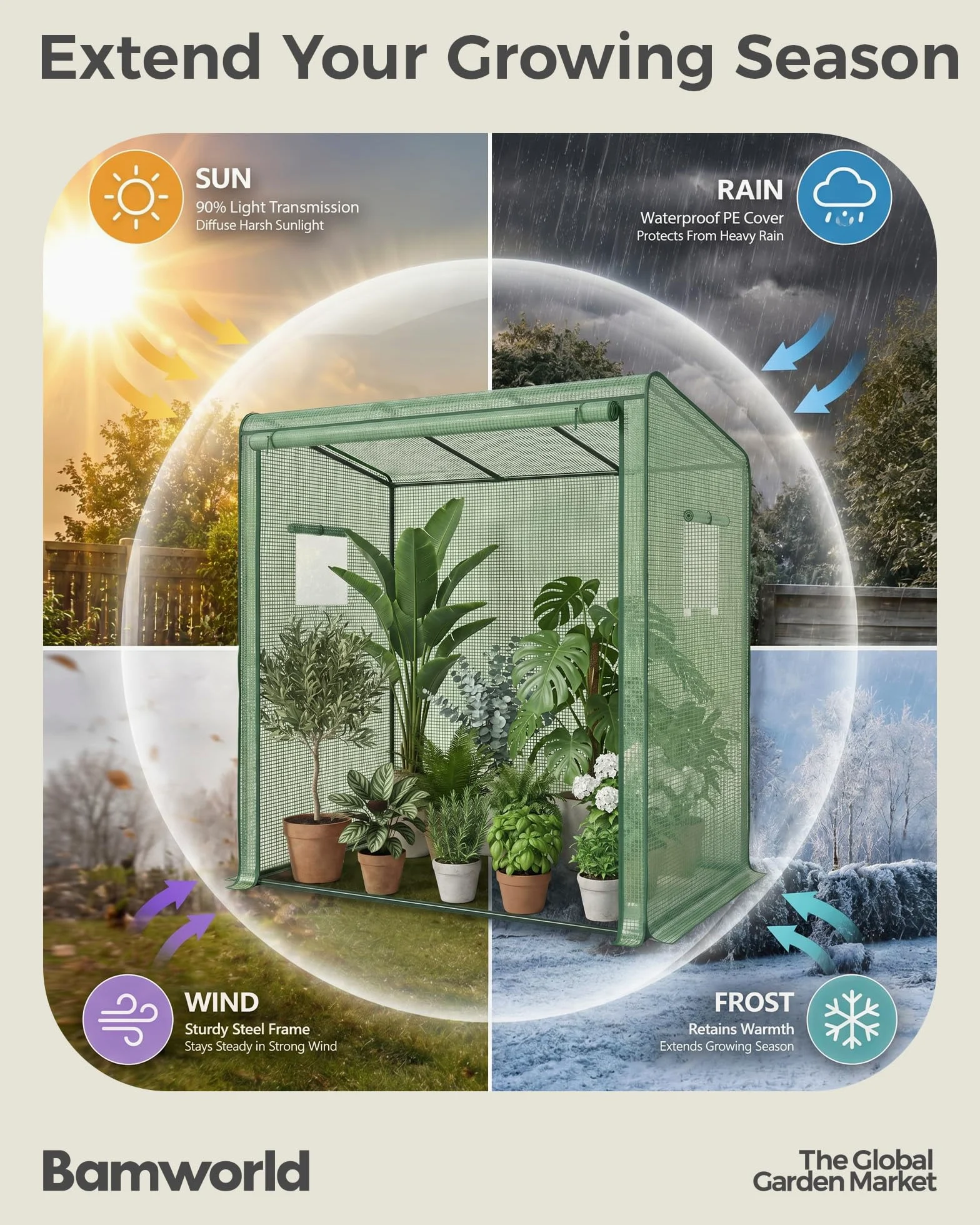 Bamworld Serre de jardin d'extérieur - 200 x 80 x 150 cm - Serre en film Bamworld pour tomates et plantes - Serre à tomates avec film en maille PE et porte zippée