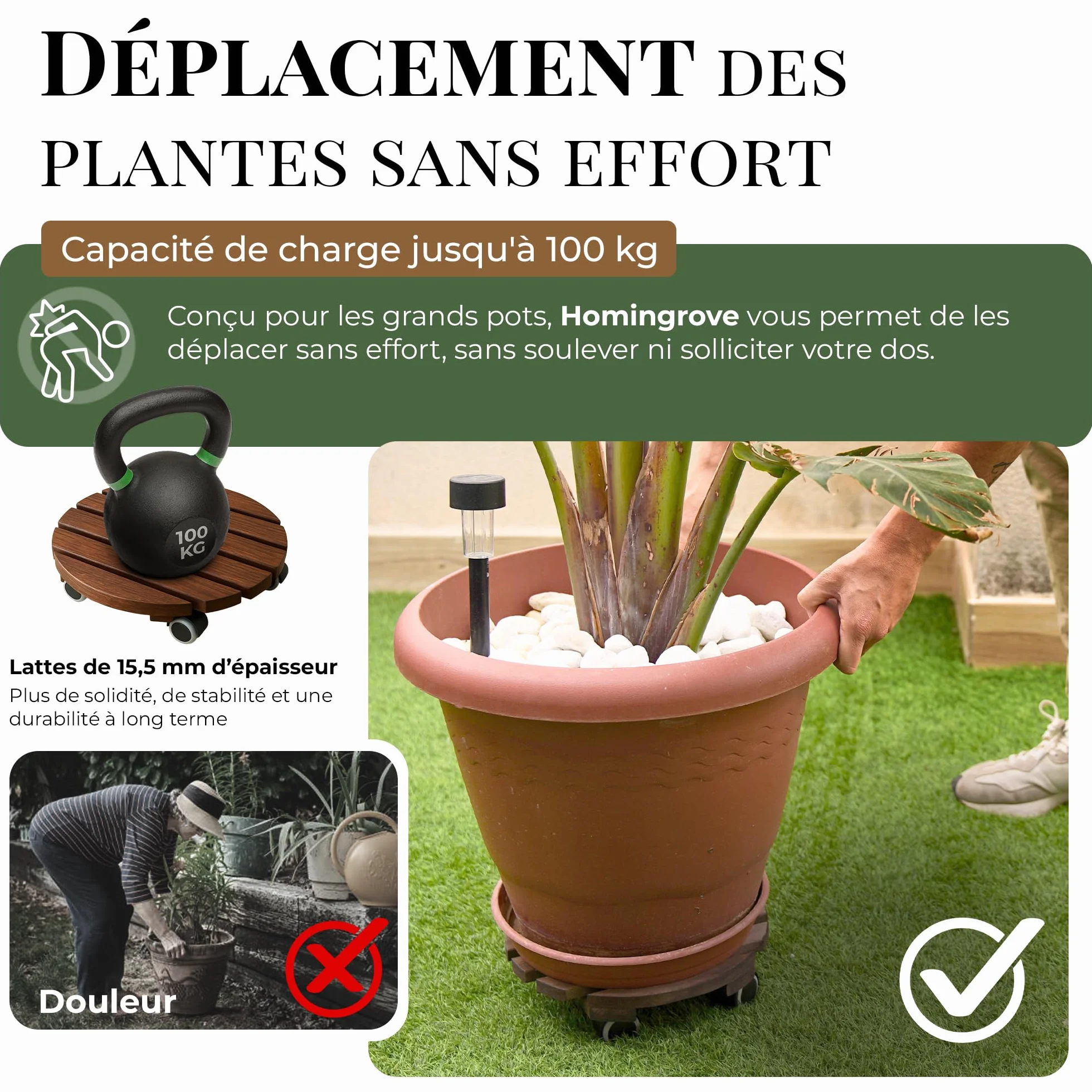 Porte Plante à Roulettes Ø 30 cm Lames Bois d'Aulne FSC 15,5 mm Roues 360° avec Frein Chariot Robuste 100 kg