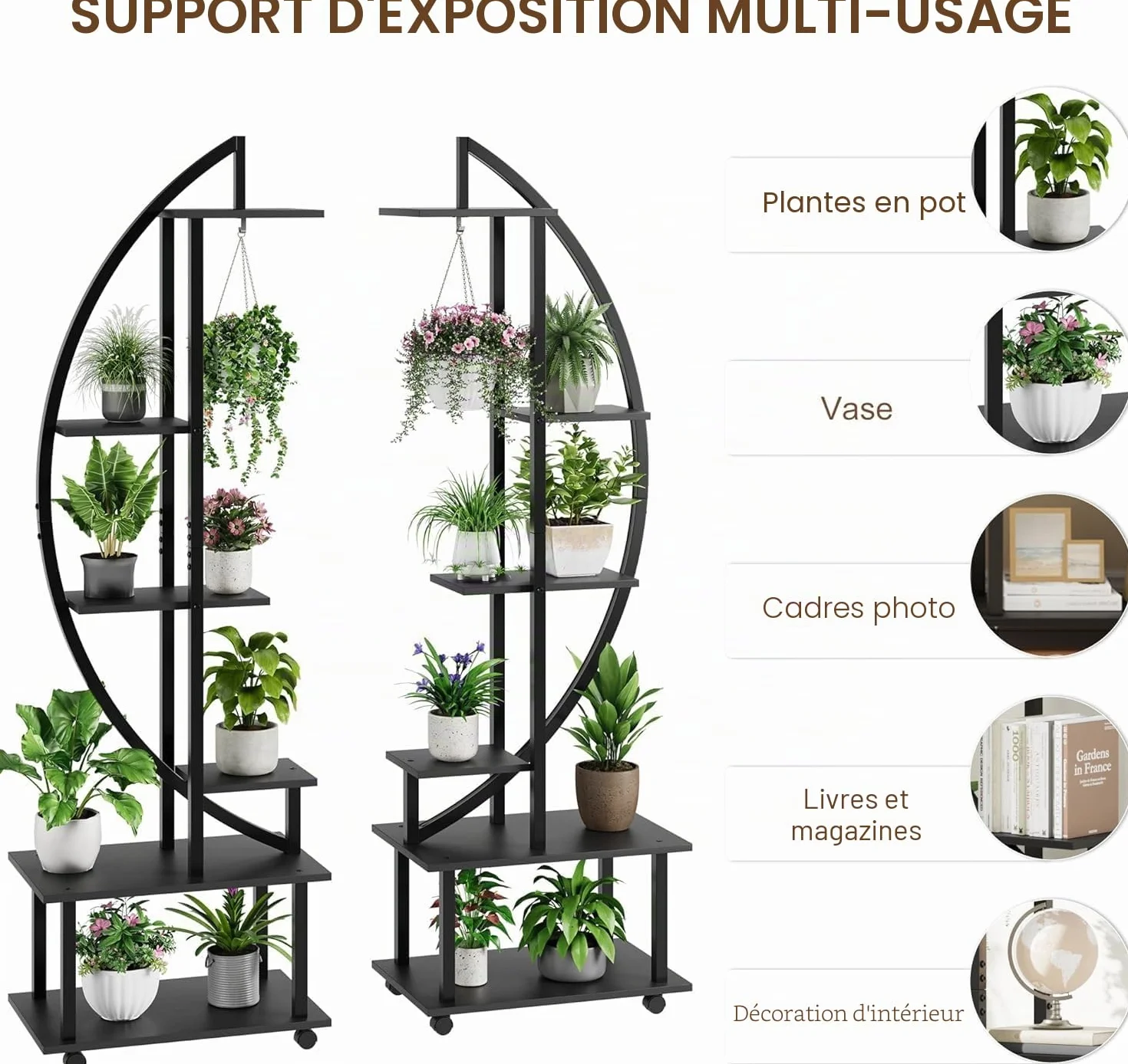 Supports pour Plantes d'intérieur 2 Pièces, 6 Niveaux 172 cm, Roulettes, Demi-Cœur, Métal-Bois, Noir