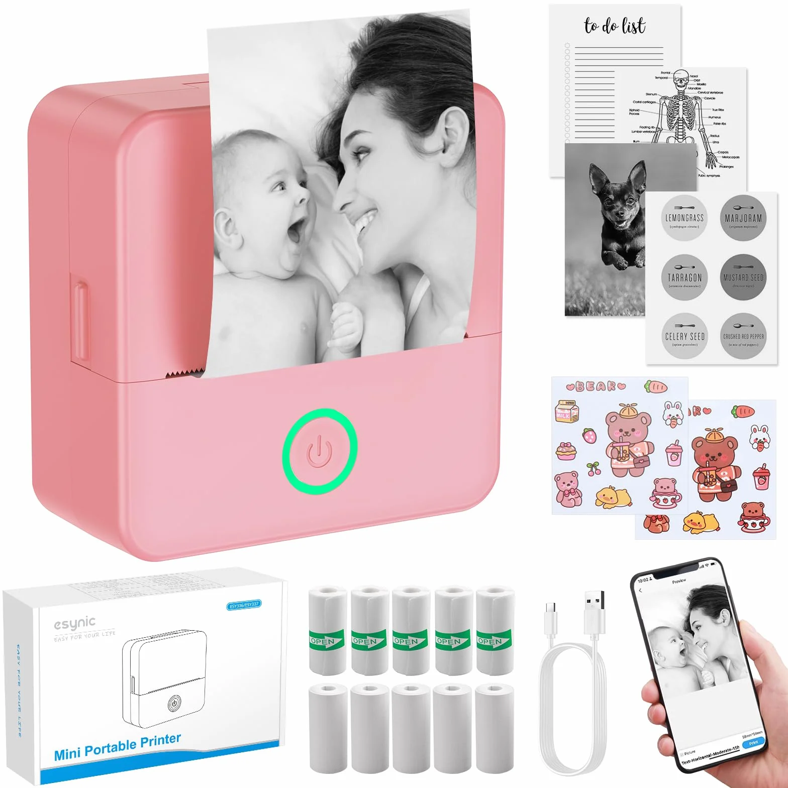 eSynic Mini Imprimante Thermique Portable Noir Blanc Bluetooth Compatible Android iOS