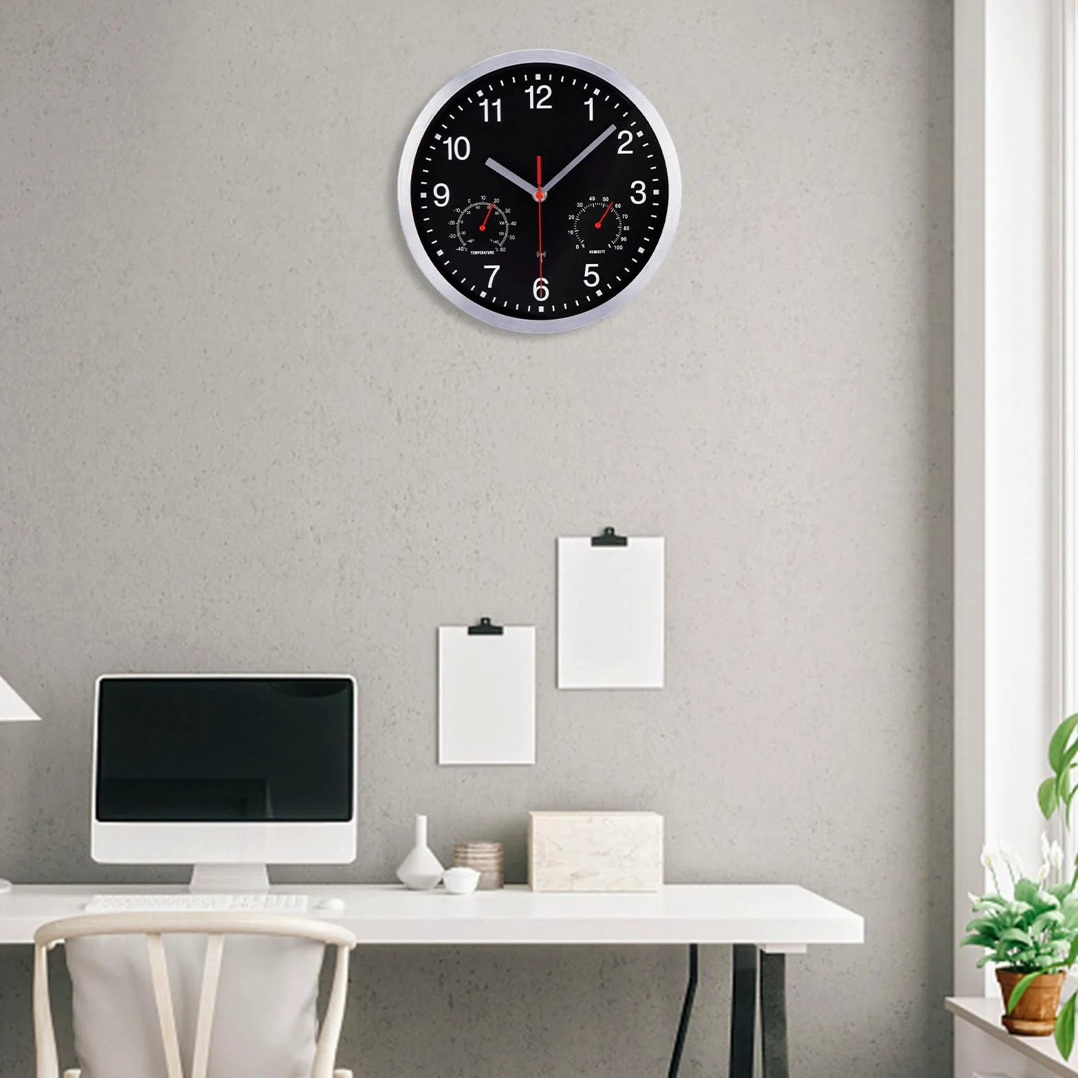 Horloge Murale Radio Pilotée avec Thermomètre et Hygromètre Pendule Murale Silencieuse et sans Tic-Tac de 25cm pour Salon, Cuisine, Bureau, Chambre