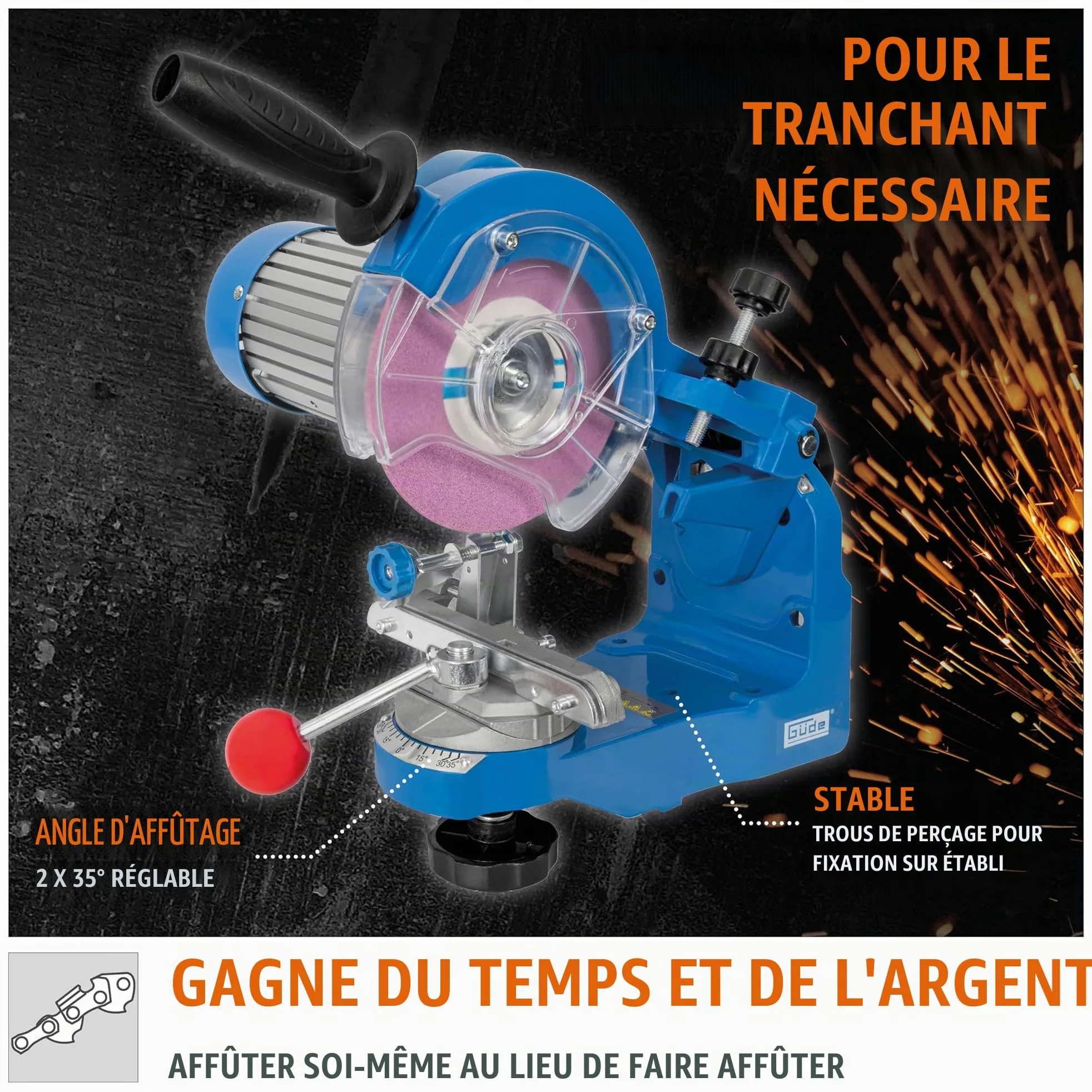 Güde Affûteuse affilacatene pour tronçonneuse avec 2 pinces de rechange
