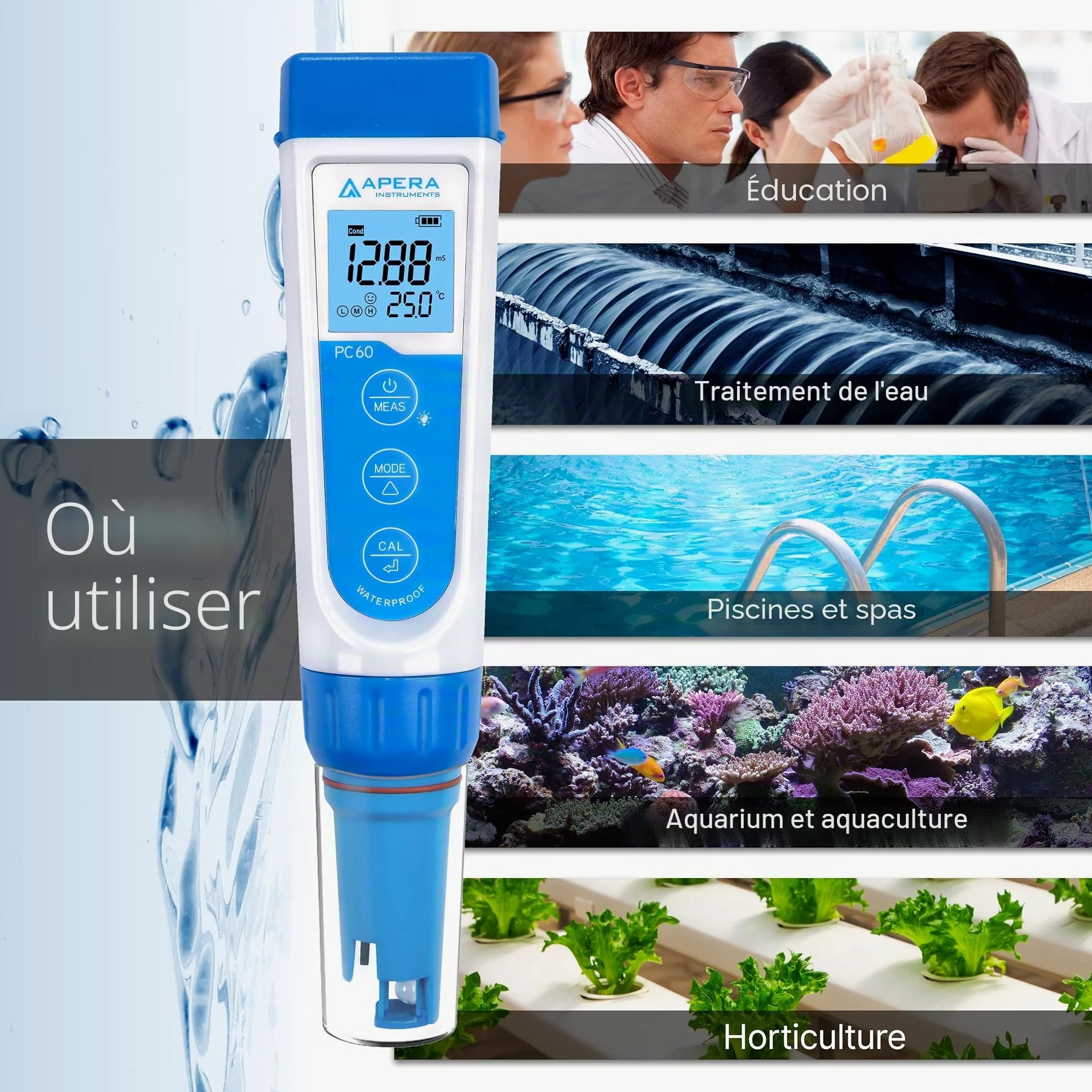 Apera Instruments PC60 Testeur de poche multi-paramètres pH/EC/TDS/salinité avec sonde remplaçable, étanche, ± 0,01 pH/1% de précision, -2,00-16,00 pH ; 0-20,00 mS/cm, capteur de température ± 0,5 °C