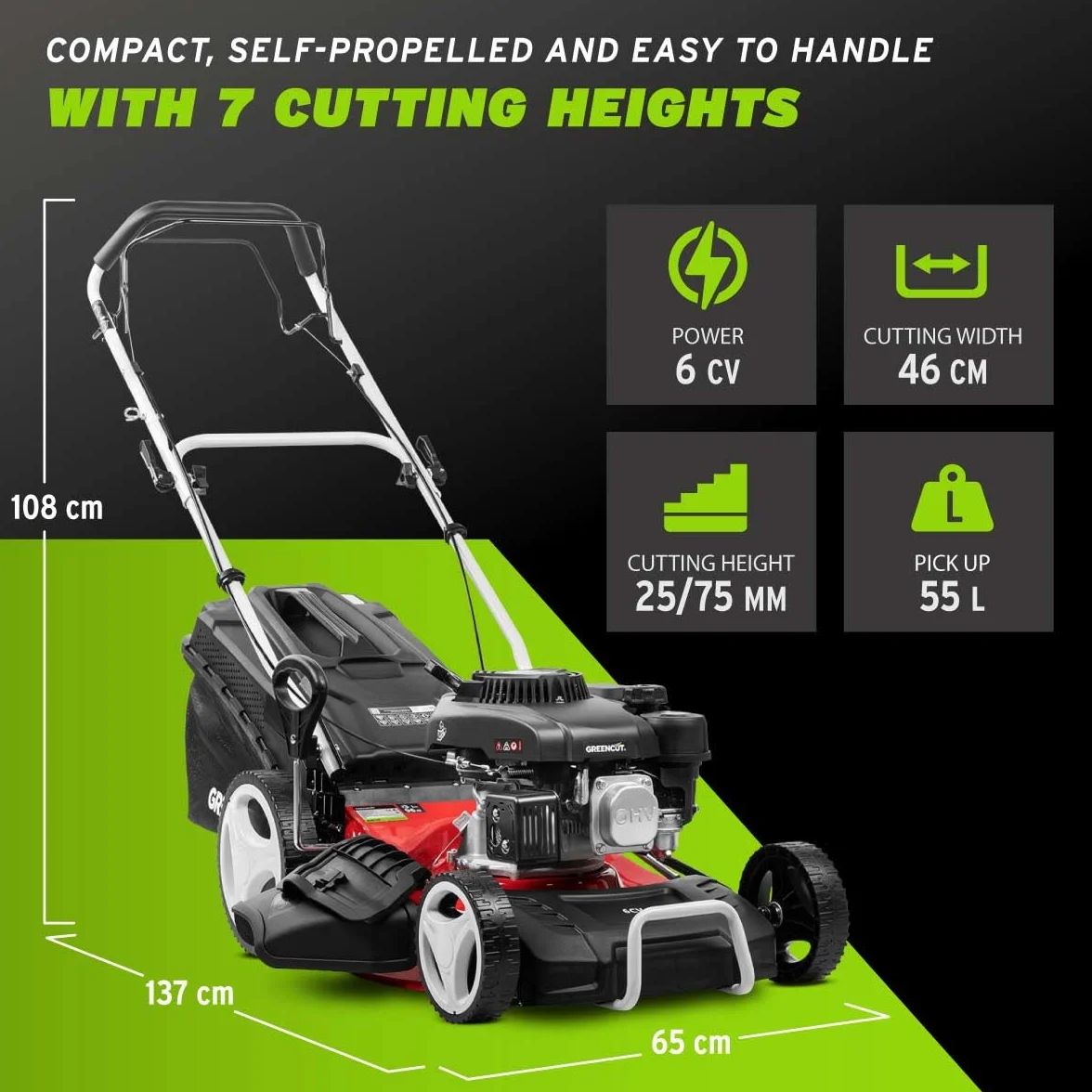 GREENCUT GLM770X Tondeuse Thermique 150cc 4ch Moteur 4T autotracté Lame Acier 460mm Bac 55L
