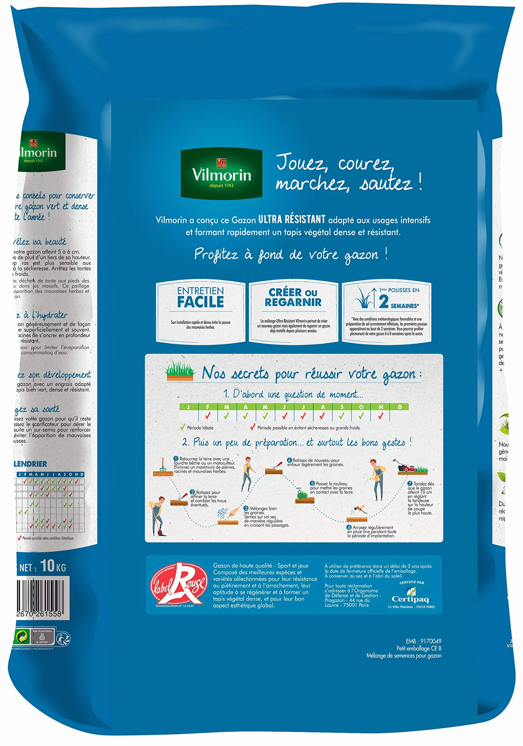 VILMORIN Gazon Ultra-Résistant 10 kg Premieres pousses 2 semaines Terrains sport jeux passage