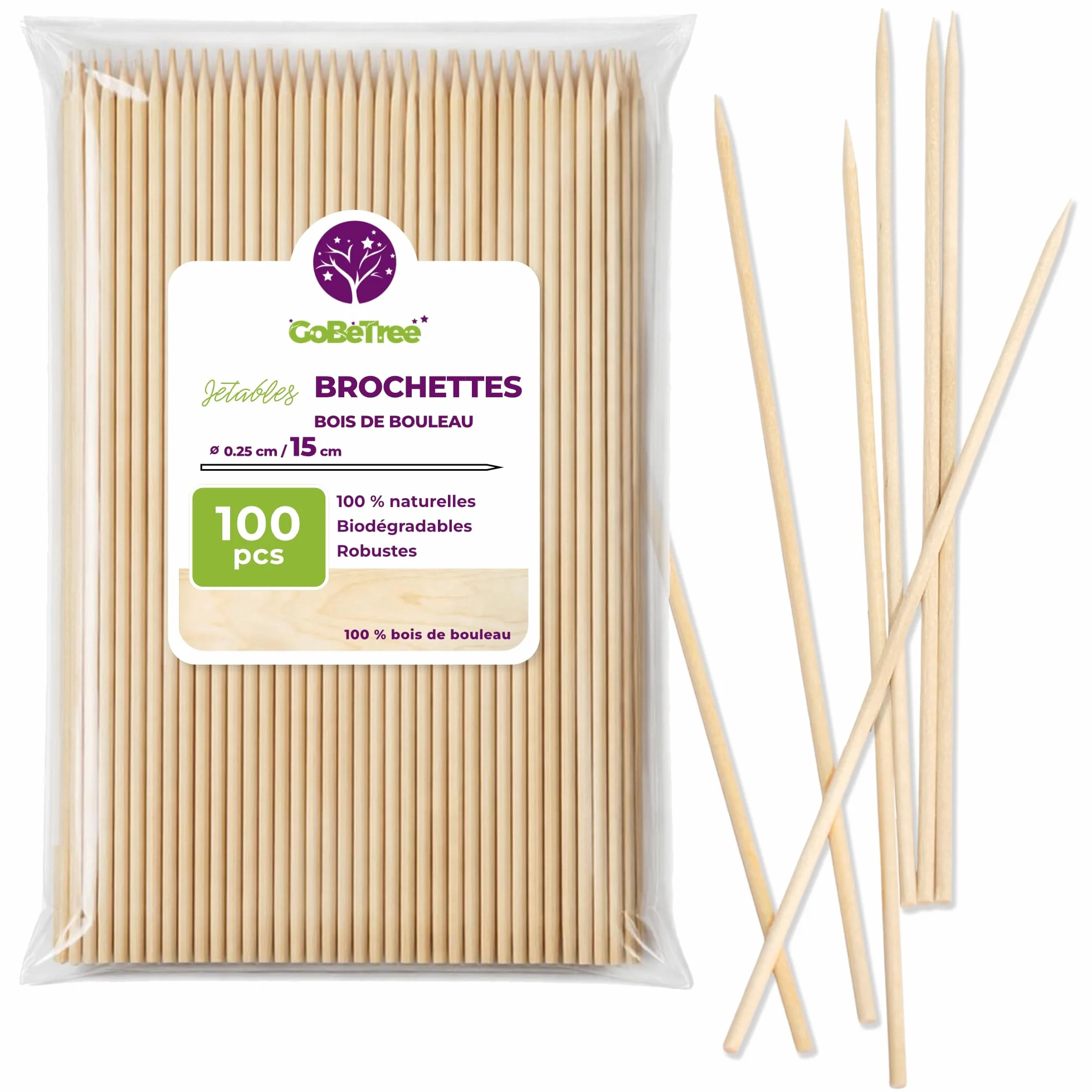 Piques à Brochette en Bois de Bouleau 15 cm x 2,5 mm Extra Résistants pour Barbecue