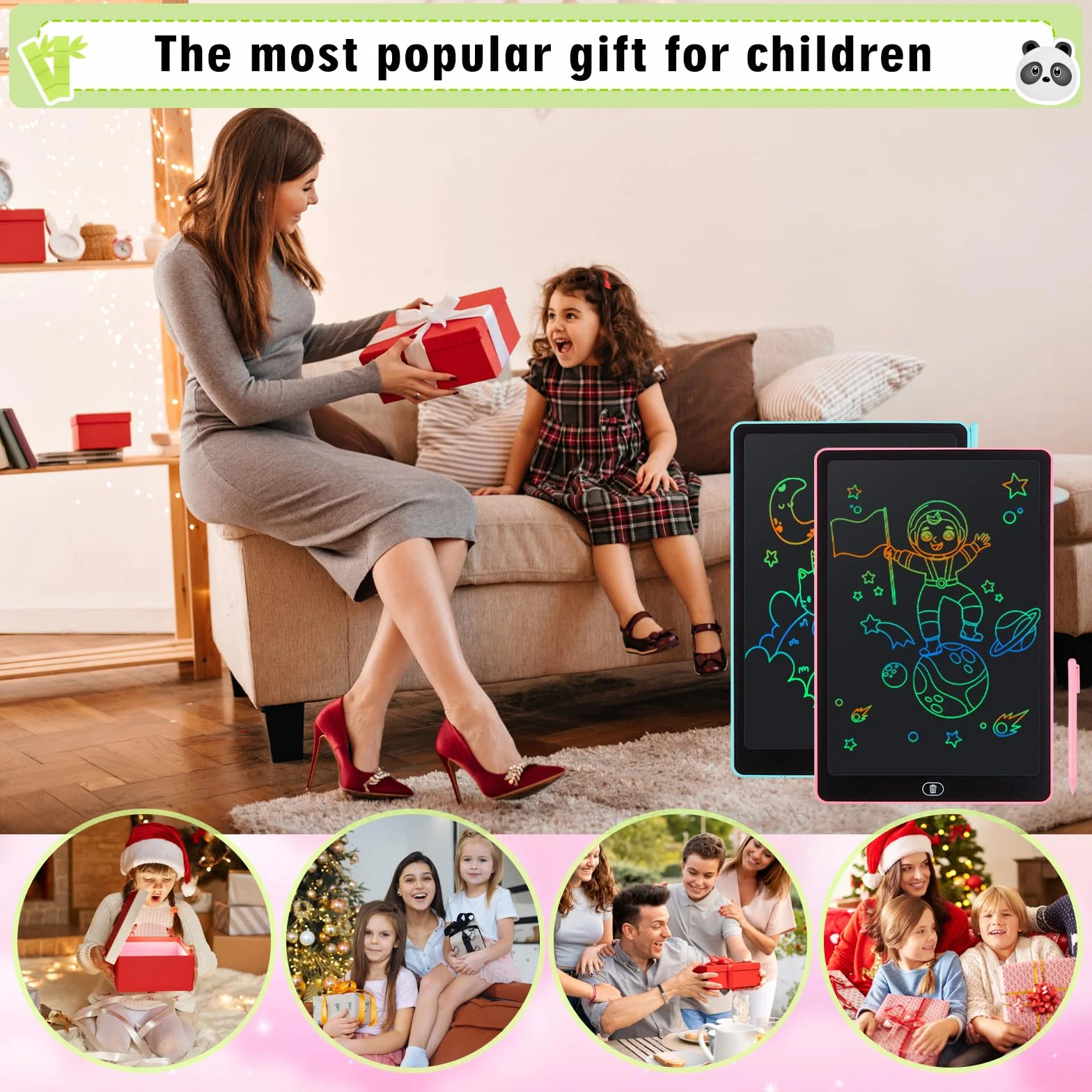 Tablette D'écriture LCD 16 Pouces Dessin Ecran Coloré Effaçable Autocollants Animaux Garçons Filles 3-6 Ans Bleu Rose
