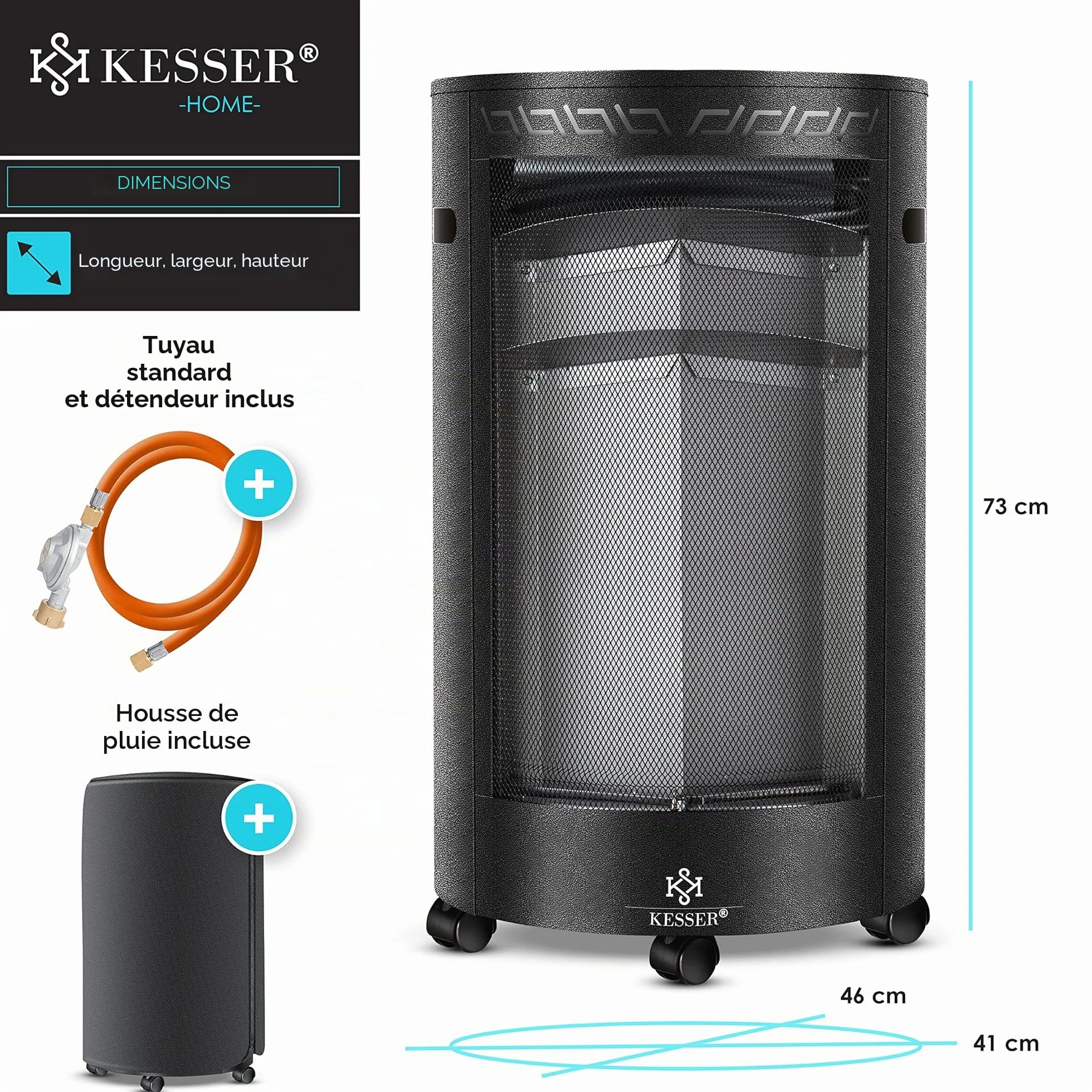 KESSER Chauffage à gaz en céramique 4200 watts avec détendeur, tuyau de gaz, brûleur infrarouge noir