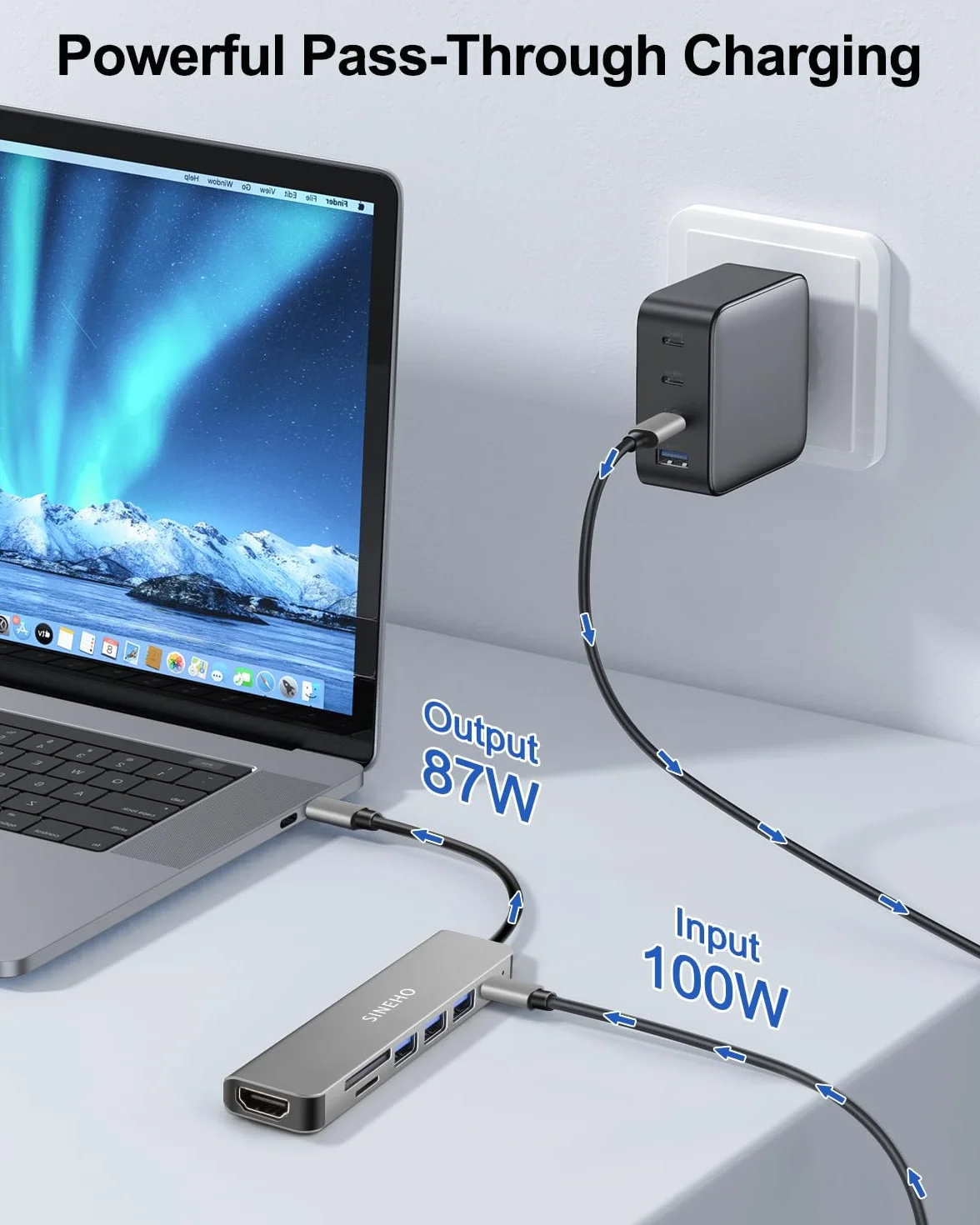 Hub USB C 7-en-1, Adaptateur USB C HDTV 4K 100W PD 3 Ports USB-A Lecteur de Cartes SD/TF
