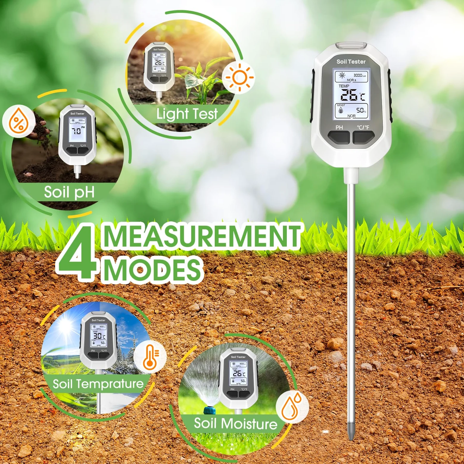 YAMRON Humidimètre 4 en 1 pour plantes, température numérique du sol, humidité du sol, pH, intensité de la lumière du soleil, affichage LCD, testeur de sol pour
