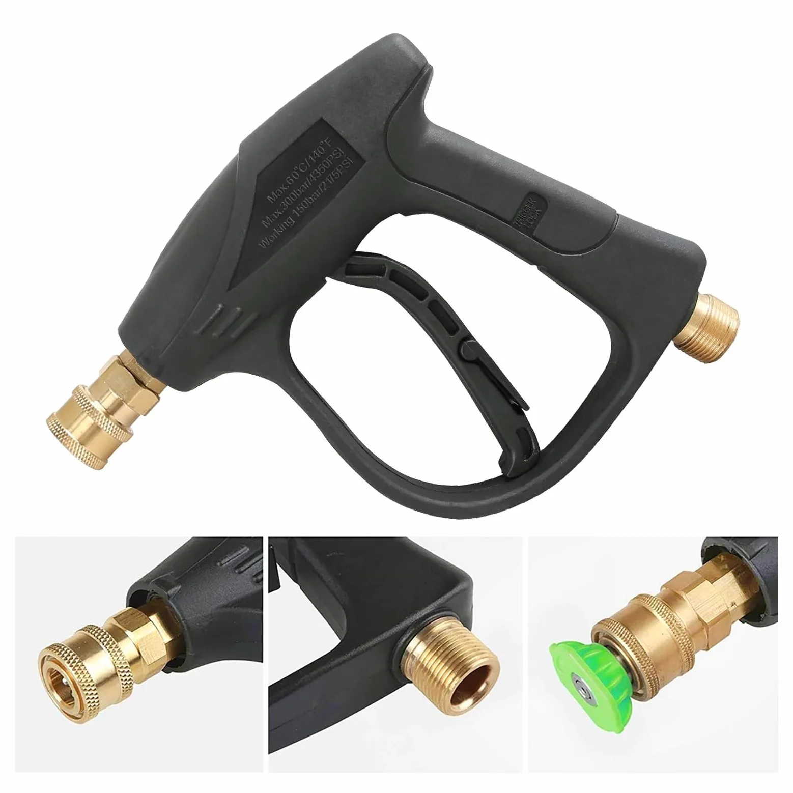 Pistolet d'arrosage avec embout multi-jets, Nettoyeur haute pression en métal à manche court avec verrouillage de la gâchette et 5 embouts buse(M22-15)