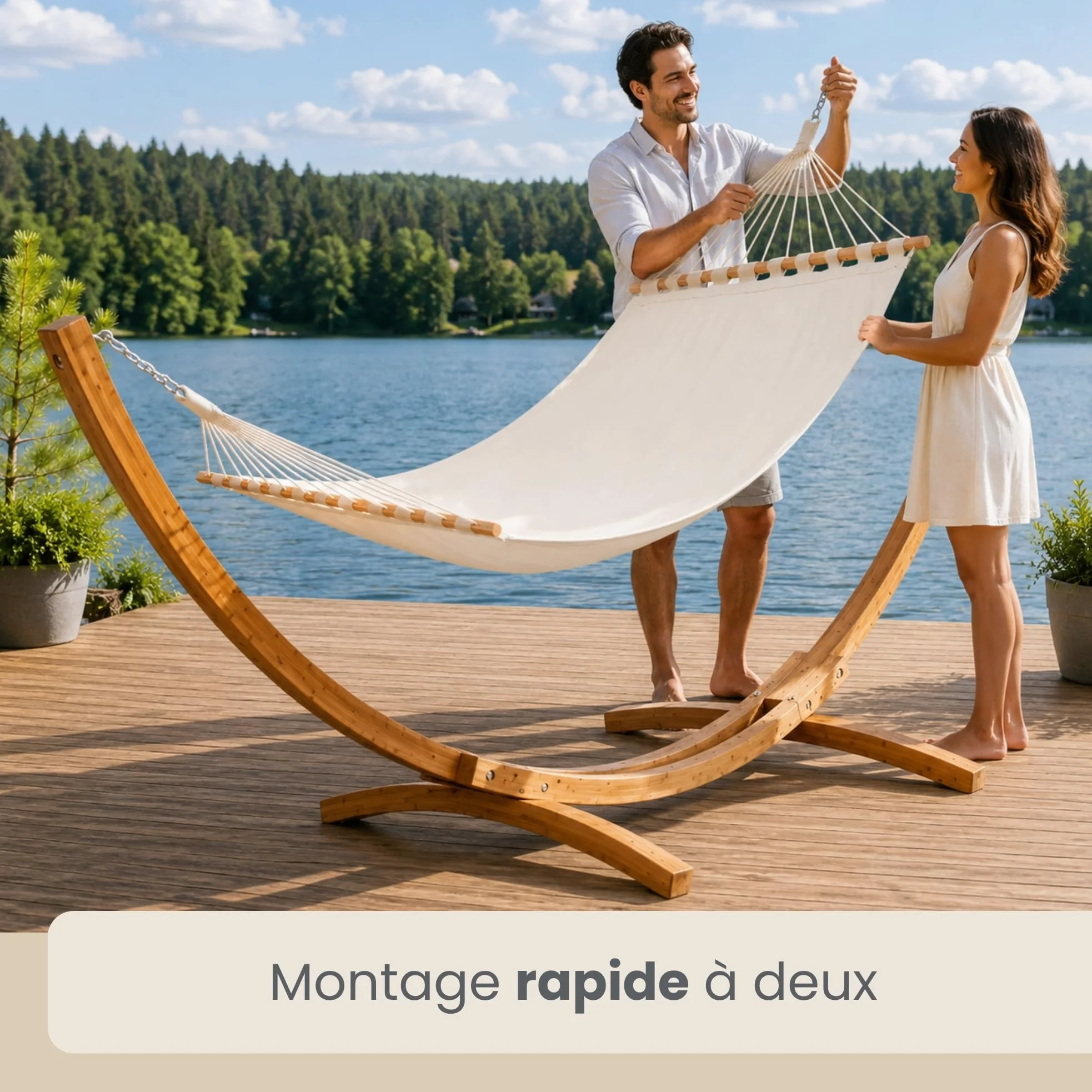 AMANKA Hamac XXL avec Support en Bois de Mélèze - Charge Maximale 150 Kg - pour 2 Personnes - Toile de Coton Suspendue - Structure Stable et Durable avec Mousquetons - Accessoire de Détente