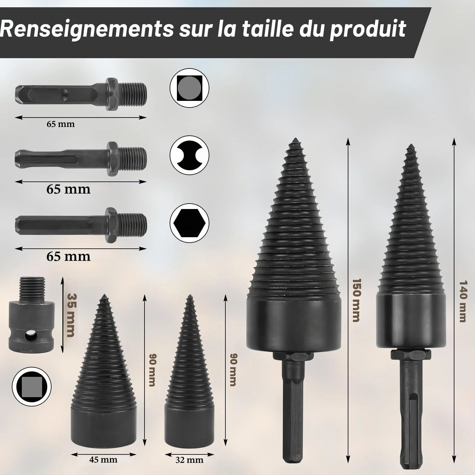 Fendeur de Bûche Cône 32mm 42mm Mèche pour Fendre le Bois Foret à Bois
