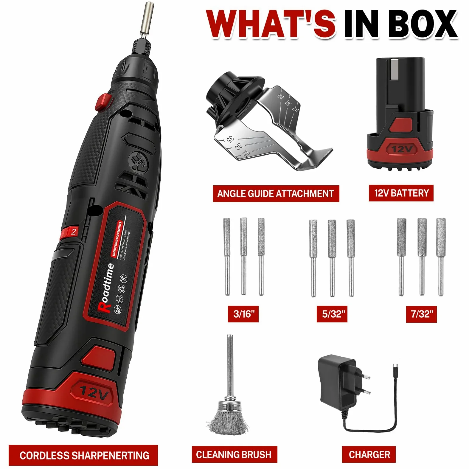 Kit affûtage électrique pour tronçonneuse avec batterie 1300 mAh | Affûteur de tronçonneuse sans fil, 9 têtes, tête brosse alliage, guide d'angle, Mini meuleuse électrique portable