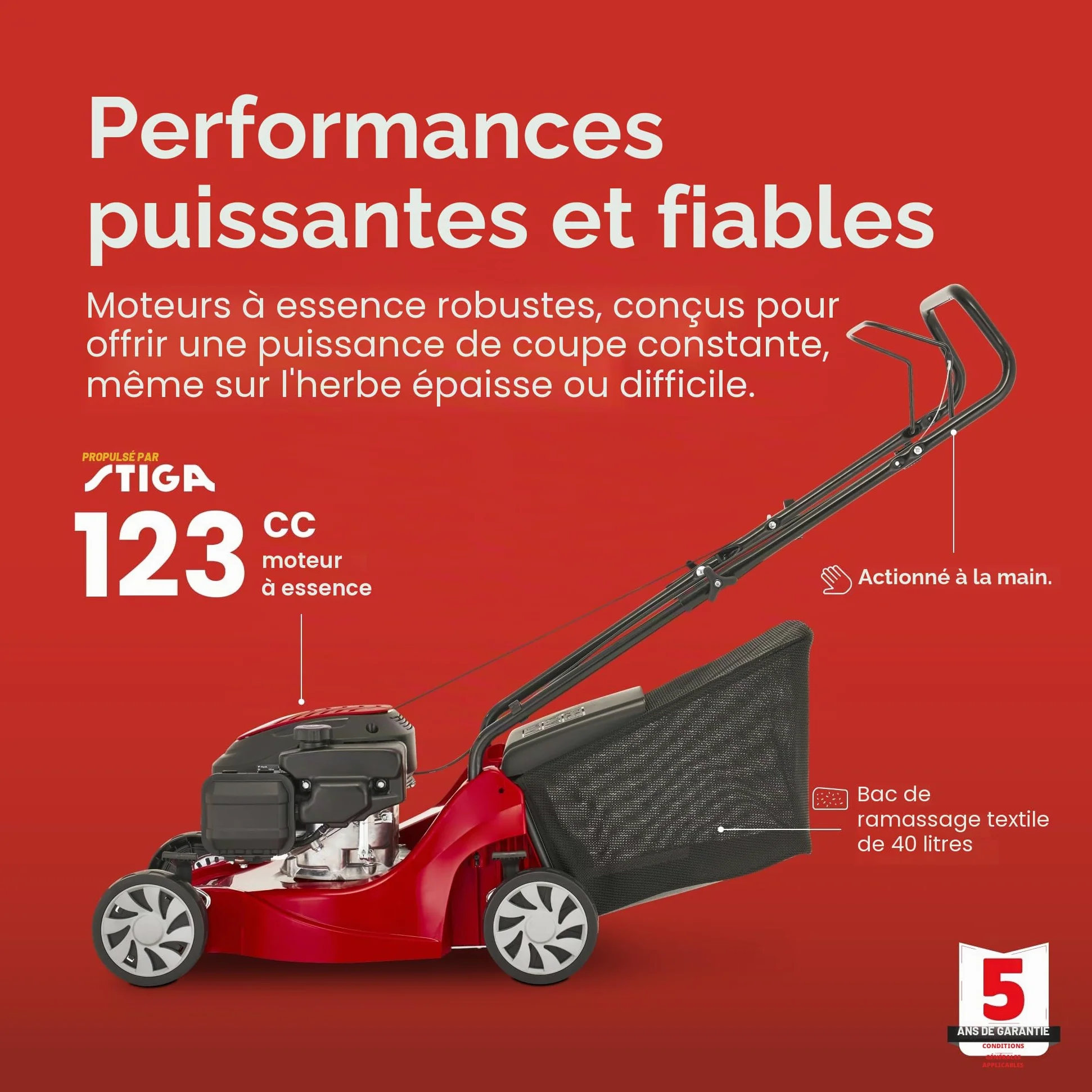 Mountfield Tondeuse Rotative HP41, 123 cm³, 39 cm – Bac 40 l, Châssis Polypropylène Léger – Jardins jusqu'à 20 m x 20 m