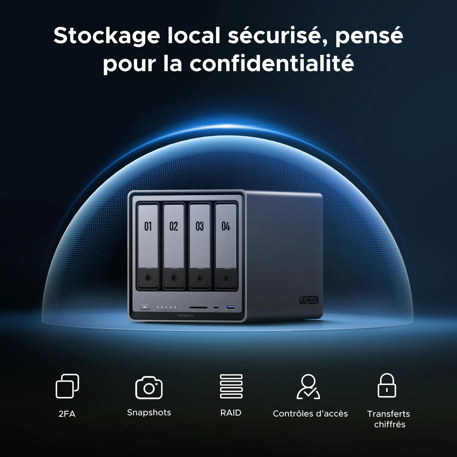 UGREEN NASync DXP4800 Pro NAS de Bureau 4 Baies, Processeur Intel i3-1315U, 8 Go RAM DDR5, SSD 128 Go, 10 GbE