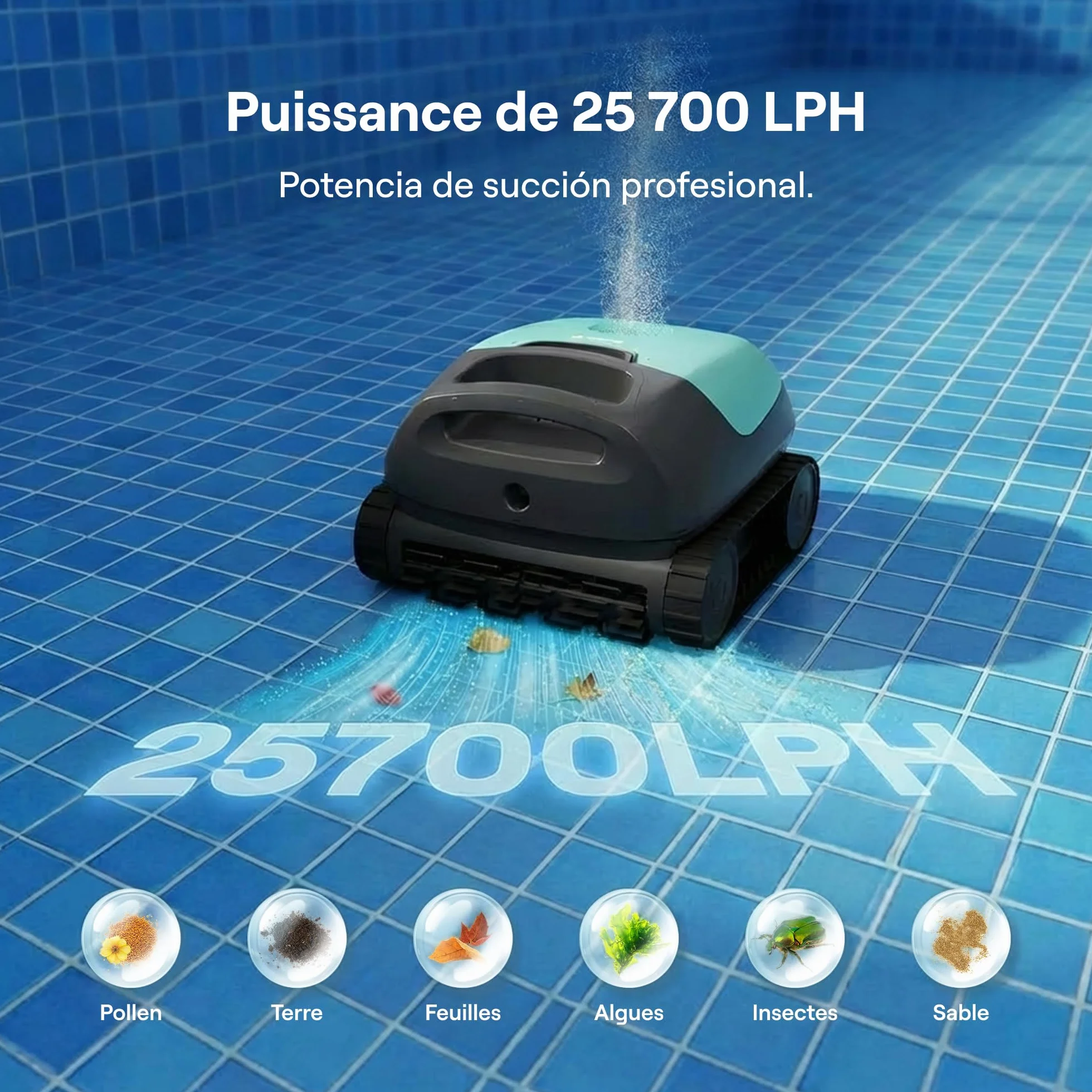 Beatbot Sora 10 Robot Piscine sans Fil 25700 LPH Fond Parois Ligne d'eau Plages Immergées Filtre 5L Spécial Feuilles 300 Min 300m² Vert