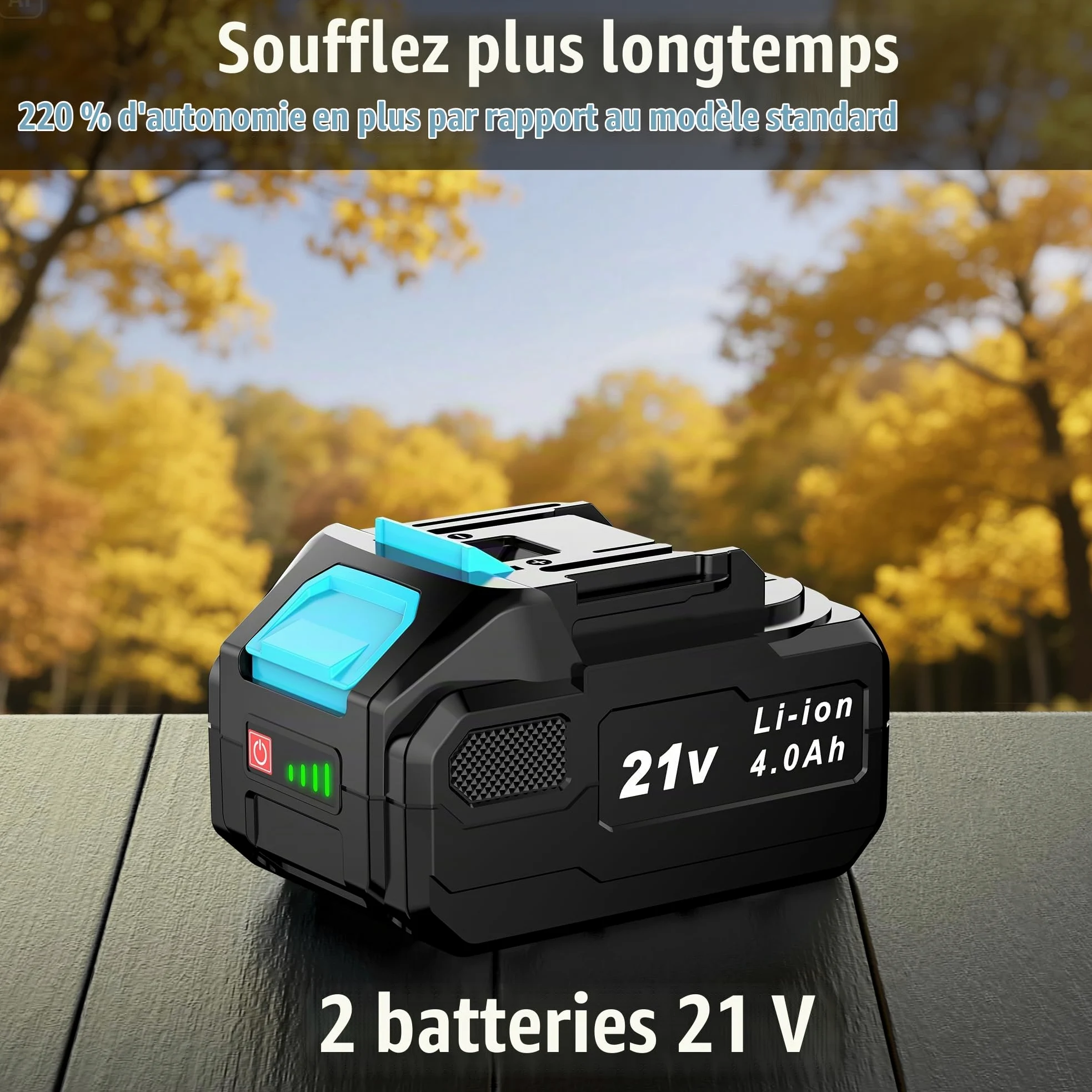 Souffleur Batterie, 21V Souffleur de Feuilles avec 2 Batteries 4,0Ah, 3 Vitesses, 2 Tubes de Soufflage, Sangle Souffleur à Batterie pour Nettoyage de Jardin