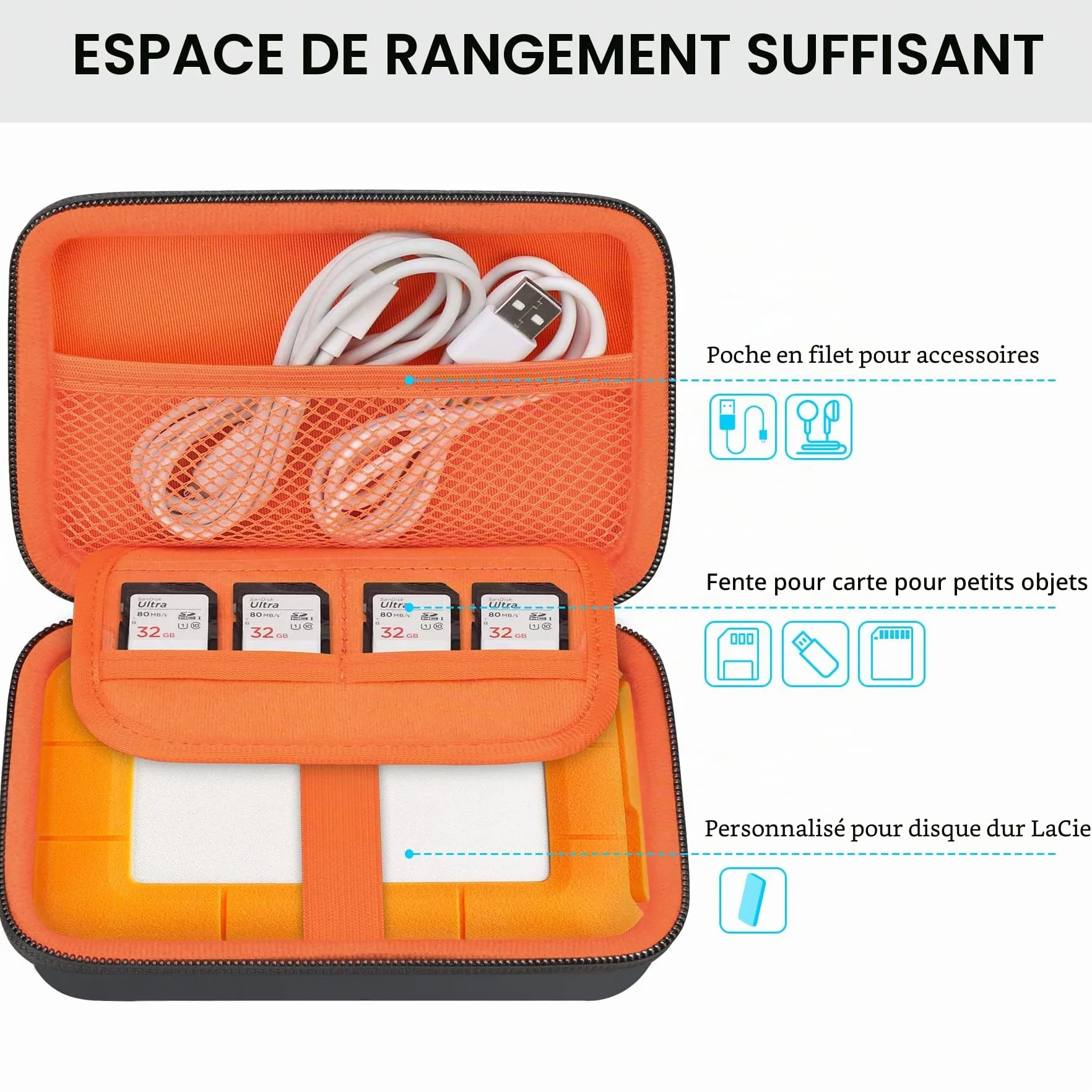 Lacdo Étui de Transport pour Disque Dur LaCie Rugged Mini Thunderbolt USB-C 1TO 2TO 4TO 5TO EVA Antichoc Orange