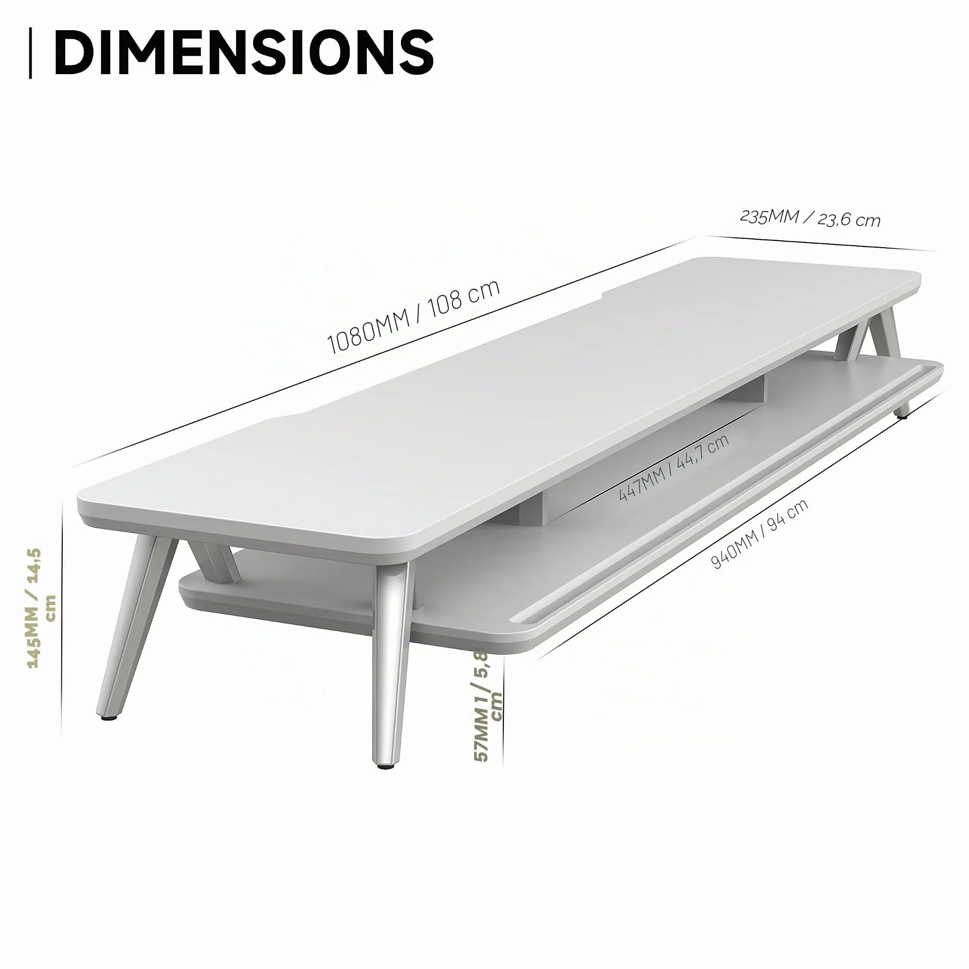 Rehausseur Écran Bureau en Bois et Métal avec Encoche pour Smartphone, Tablette et Stylo, 108cm, Blanc