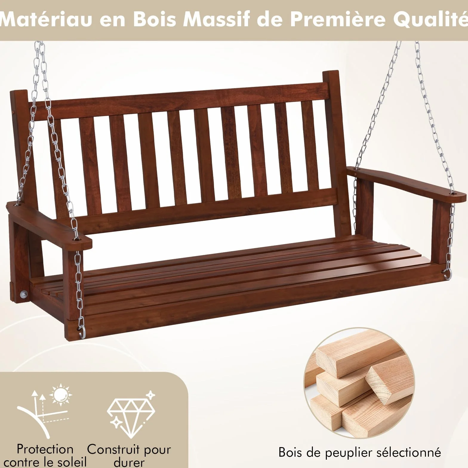 COSTWAY Balançoire Suspendue 3 Personnes Banc Extérieur Bois Massif Chaîne Réglable Charge 360KG Marron