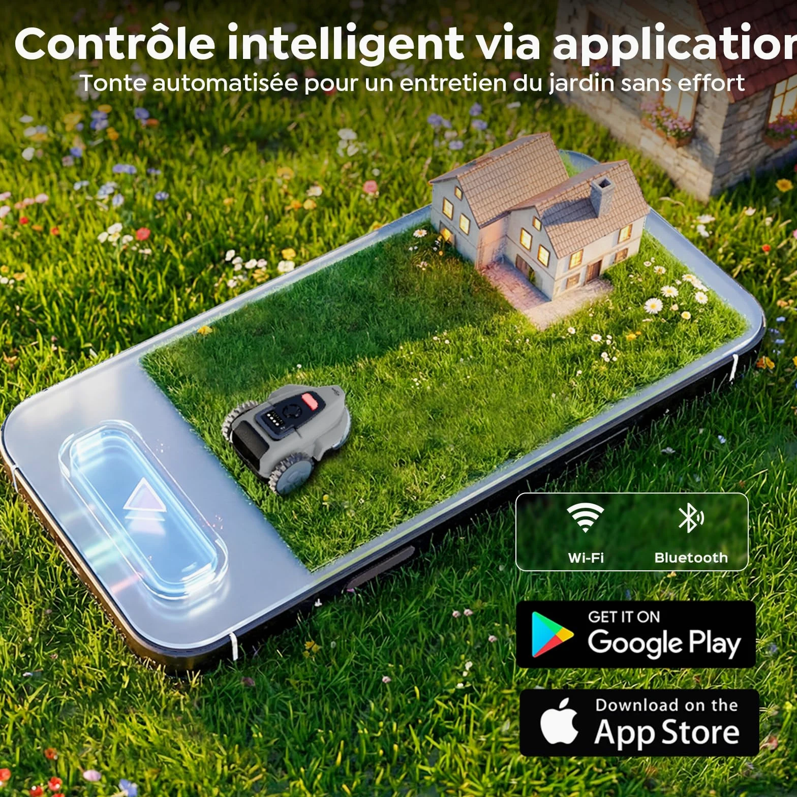 YARDCARE V3 Robot Tondeuse sans câble périphérique, avec Navigation visuelle, détection 150+ Obstacles, contrôle Via appli, 50 DB, Robot Tondeuse pour Petits et Moyens Jardins, Bandes magnétiques