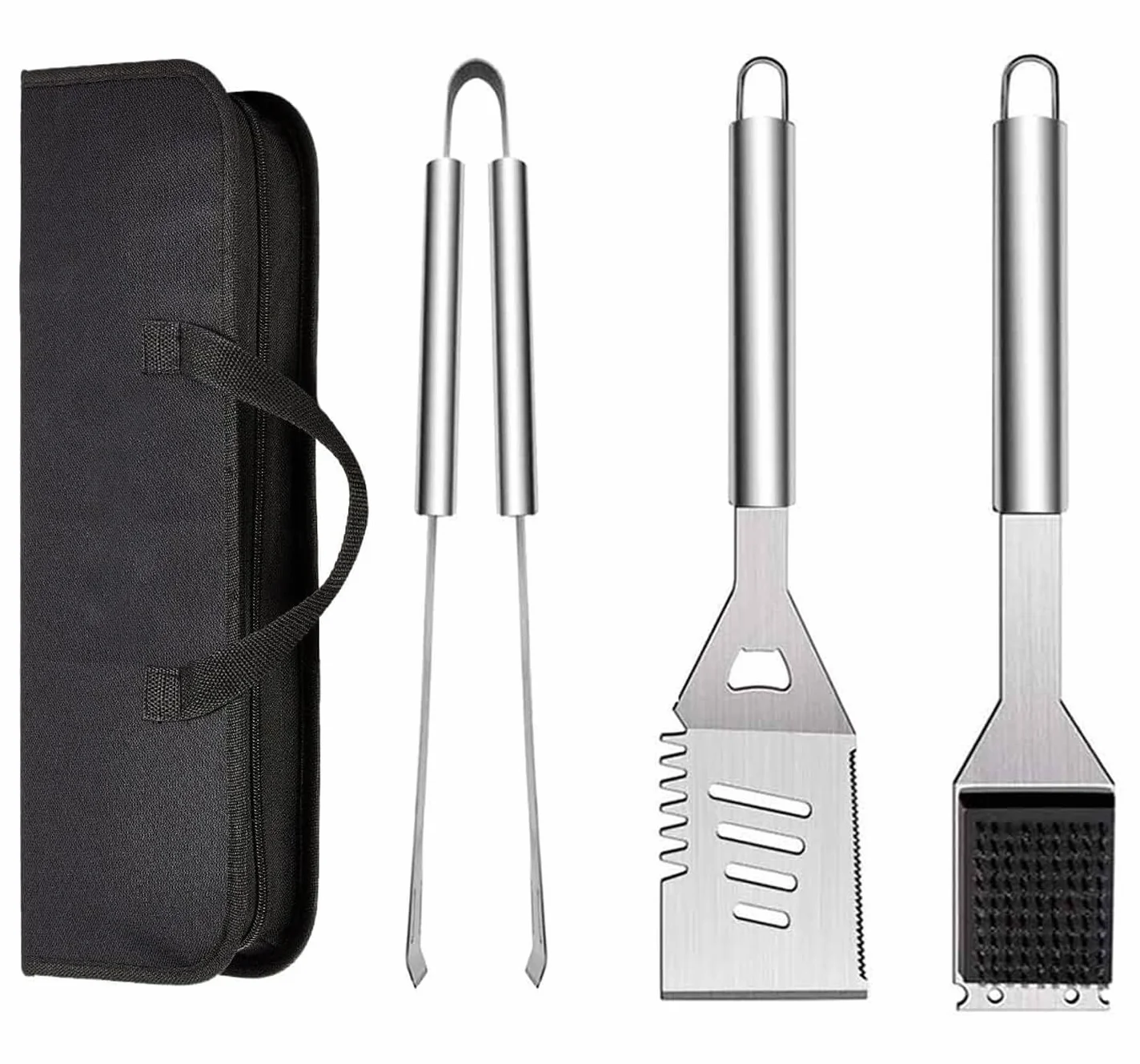 Lot de 3 Ustensiles de Barbecue en Acier Inoxydable avec Sac de Transport, Spatule, Pince et Fourchette