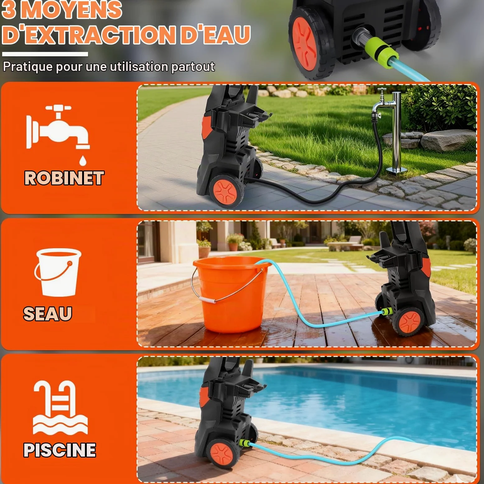 KAOLALI Nettoyeur Haute Pression électrique, 3000 W, Débit 336 L/h | Tuyau Haute Pression de 10m, avec 4 Buses, Lance à Mousse, pour Surfaces Extérieures et Autos