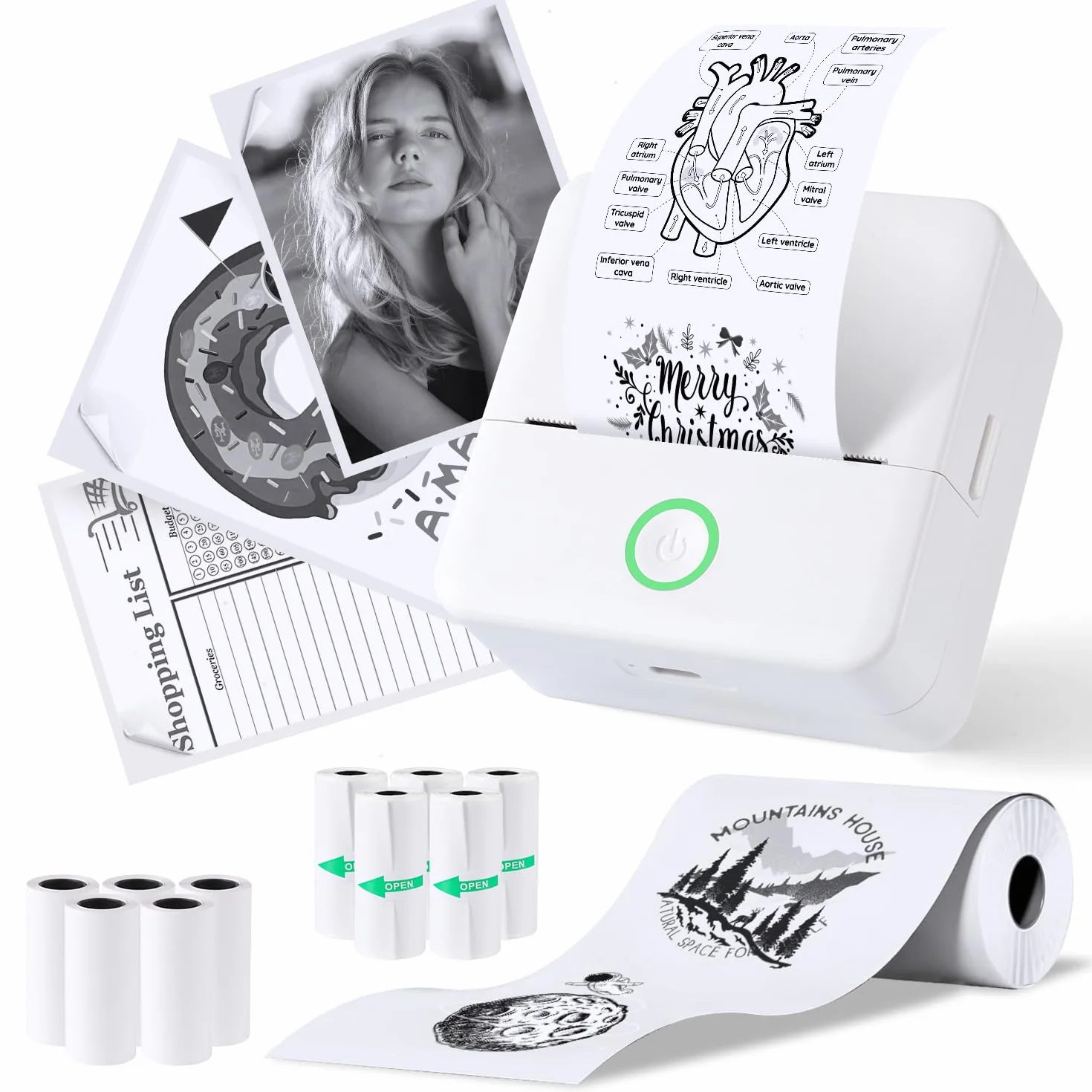 Mini imprimante photo portable Bluetooth avec 10 rouleaux de papier thermique, compatible iOS Android (blanc)