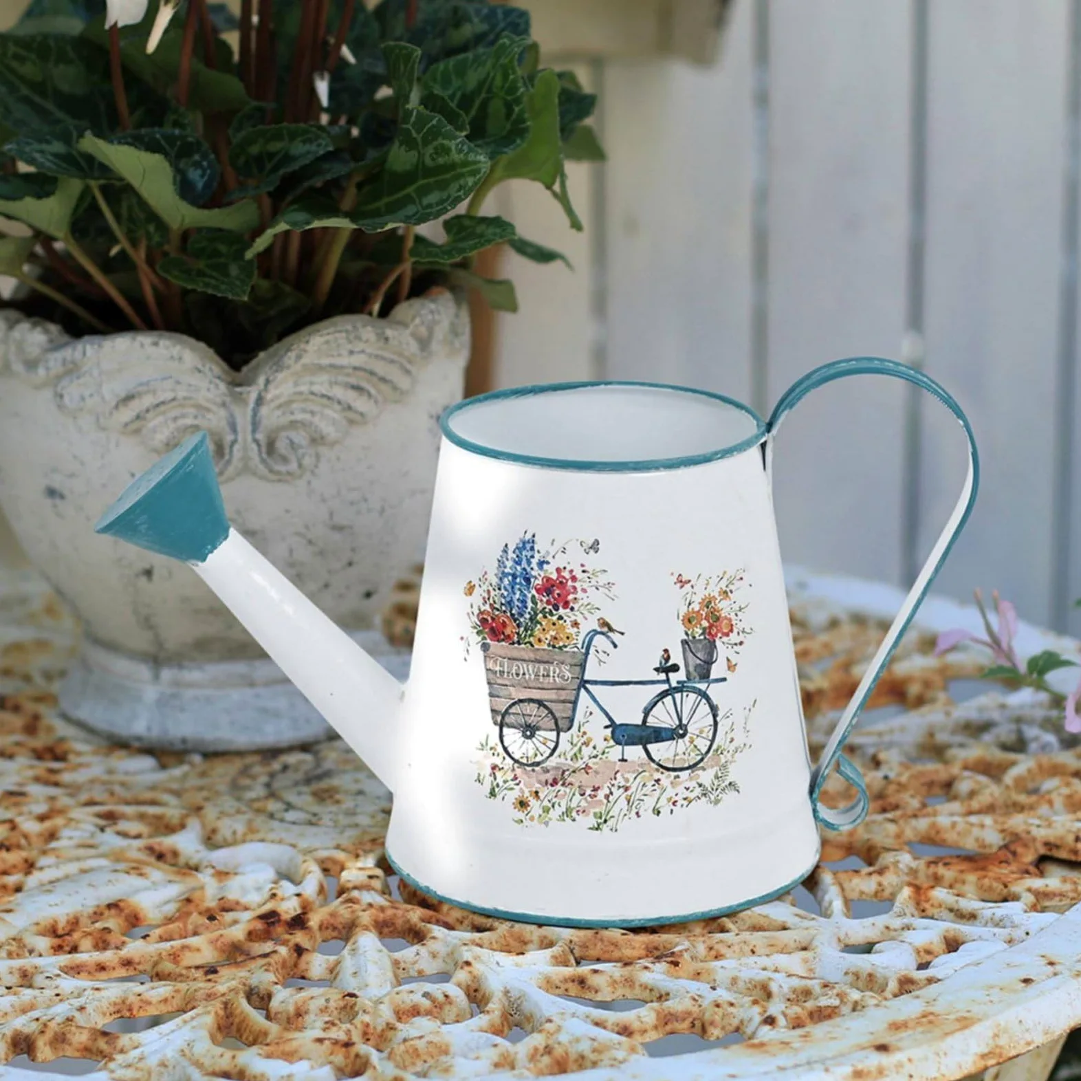 Arrosoir Métal Arrosoir Jardin Arrosoir, Blanc, Camion Fleuri avec Bordure Et Poignée Turquoise