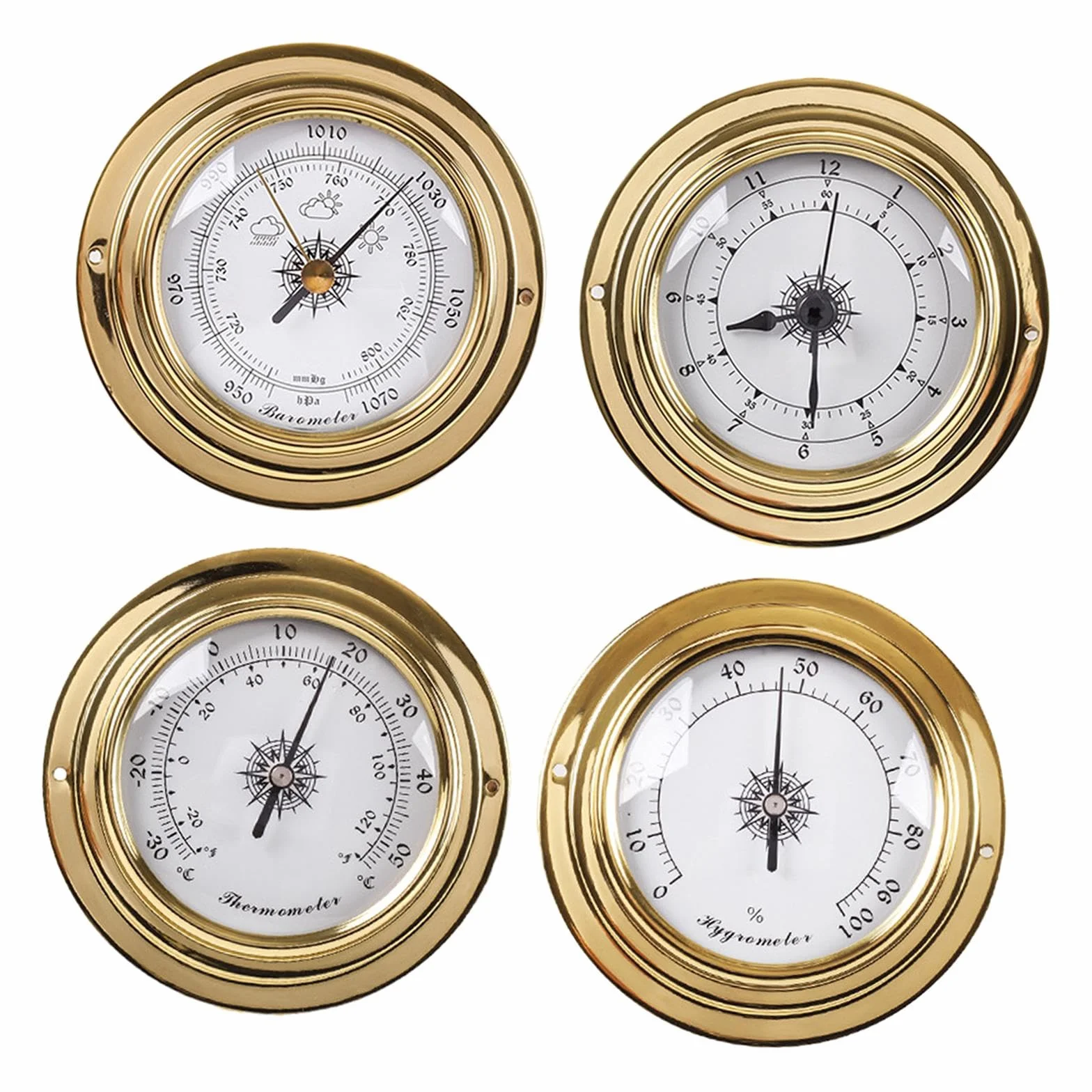 rockible Thermomètre et Hygromètre, Baromètre, Horloge, Stations Météorologiques, Dia 98mm, Instruments de Voile pour Bateau, Yacht, Atelier, Marine, 4 Pièces