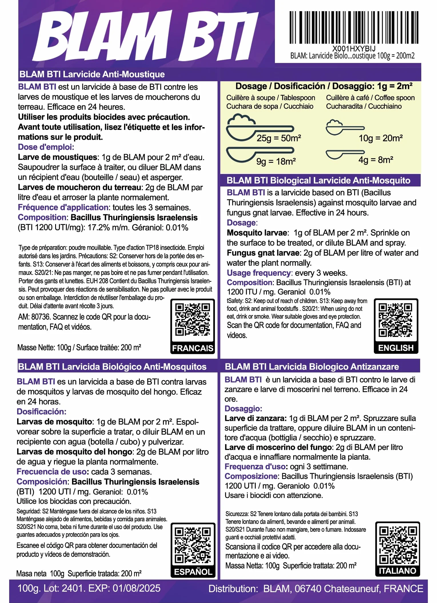 BLAM LarvZero BTI 100g – Larvicide naturel contre les mouches du terreau (Sciaridae) – Bacillus Thuringiensis Israelensis concentré pour 50L de solution