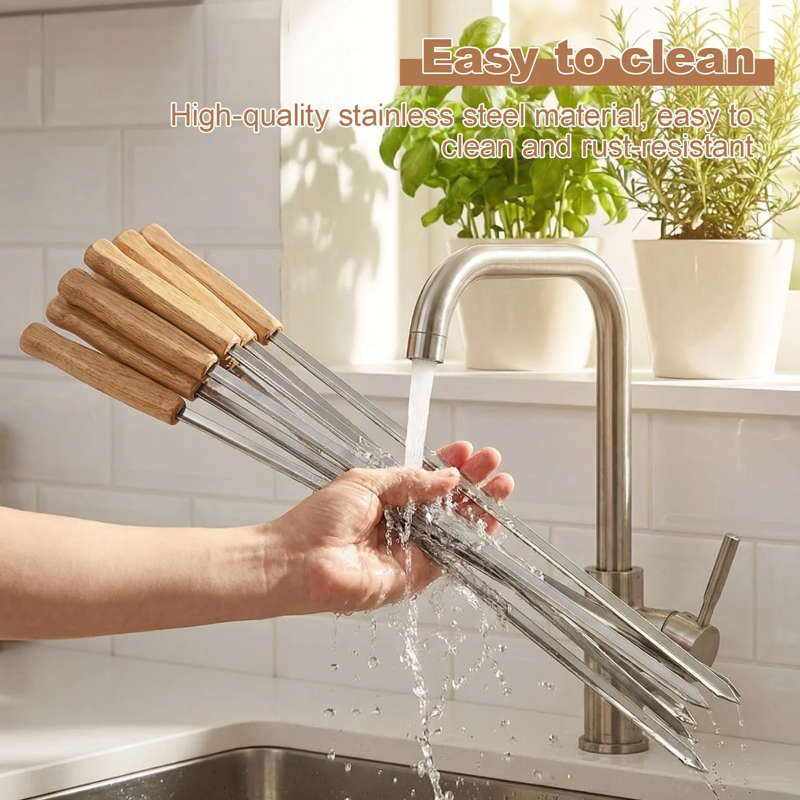Brochettes barbecue acier inoxydable 410 44cm réutilisables manche chêne 8 pièces