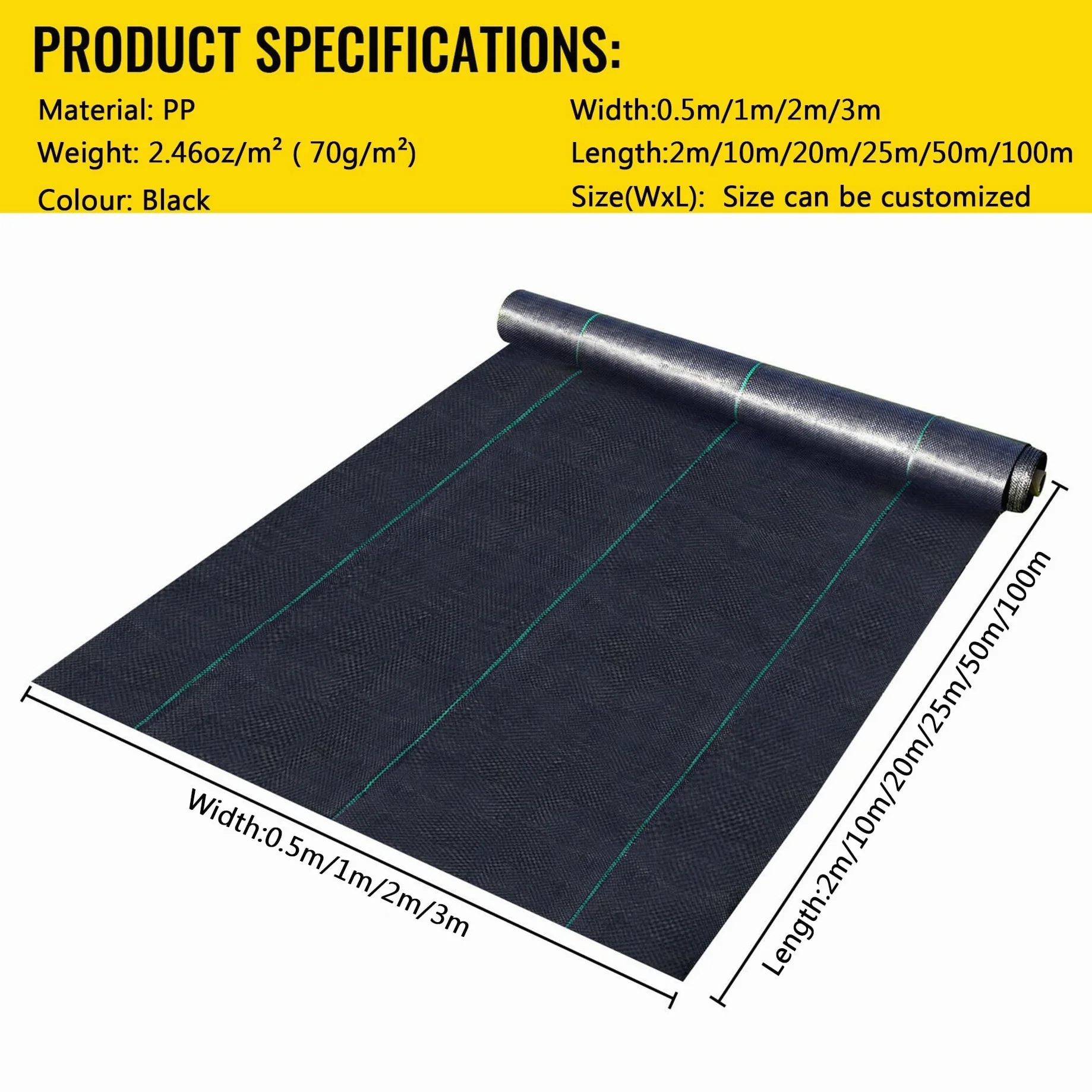 Toile de Paillage,Toiles Anti-Mauvaises Herbes en Polypropylène,Bache Geotextile Anti Repousse 70g/m², Tissées Résistant et Perméable et Anti-UV,pour Jardin et Serre,Noir
