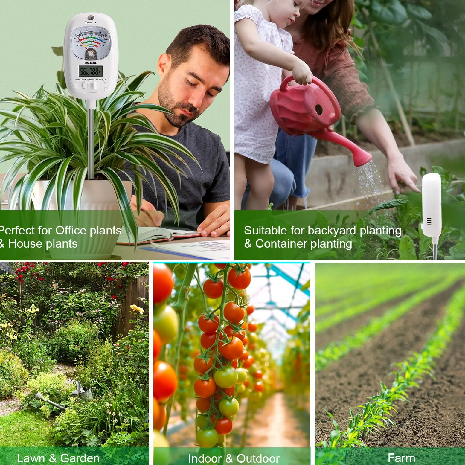 HSLGOVE Kit de test de sol, testeur d'humidité du sol 7 en 1, testeur de pH du sol, testeur de sol double écran avec température numérique du sol/température de l'air et humidité pour plantes