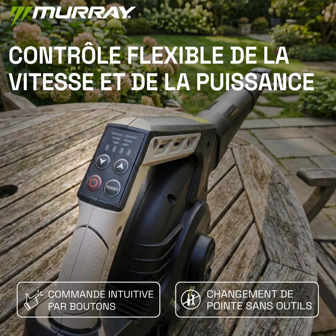 Murray Souffleur et Aspirateur de Feuilles à Batterie 20V 3-en-1 MU-BAT-VB270-KIT – Moteur sans Balais, Contrôle Intelligent, 4 Vitesses + Turbo, Sac à Poussière 45L, Montage Rapide