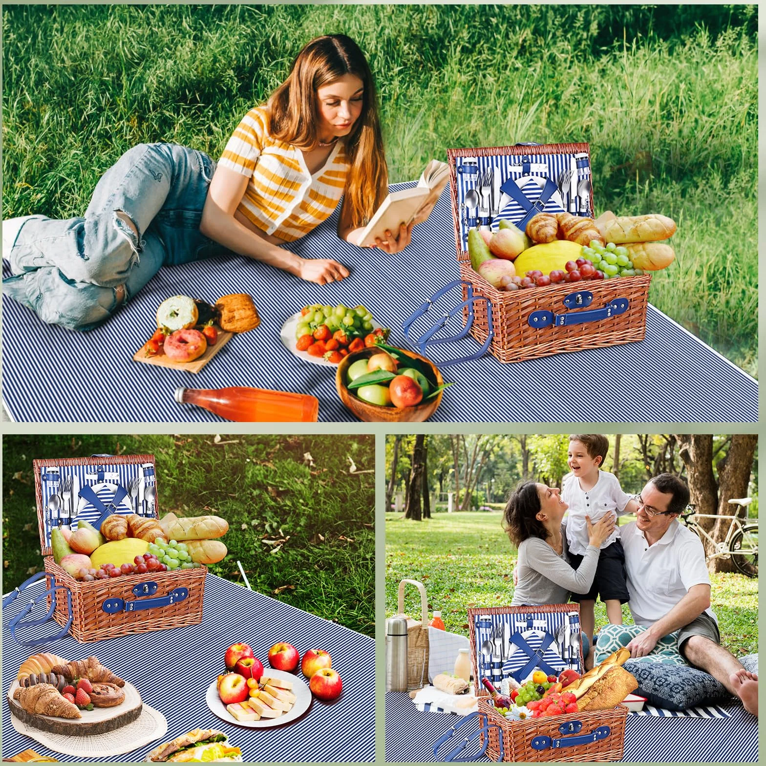 Panier de Pique Nique pour 4 Personnes,Couleeur Panier Pique Nique en Osier avec Couverture Pique-Nique Imperméable et Couverts, Panier Picnic pour Camping, Rose (Bleu 4 Personnes)