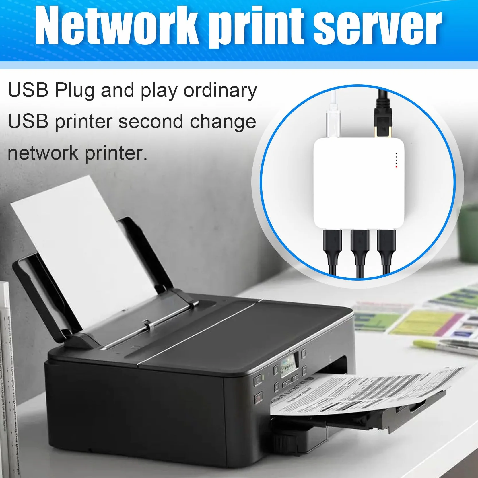 Serveur d'impression filaire USB 3 ports partage réseau 100 M WiFi BT4.0 prise UE