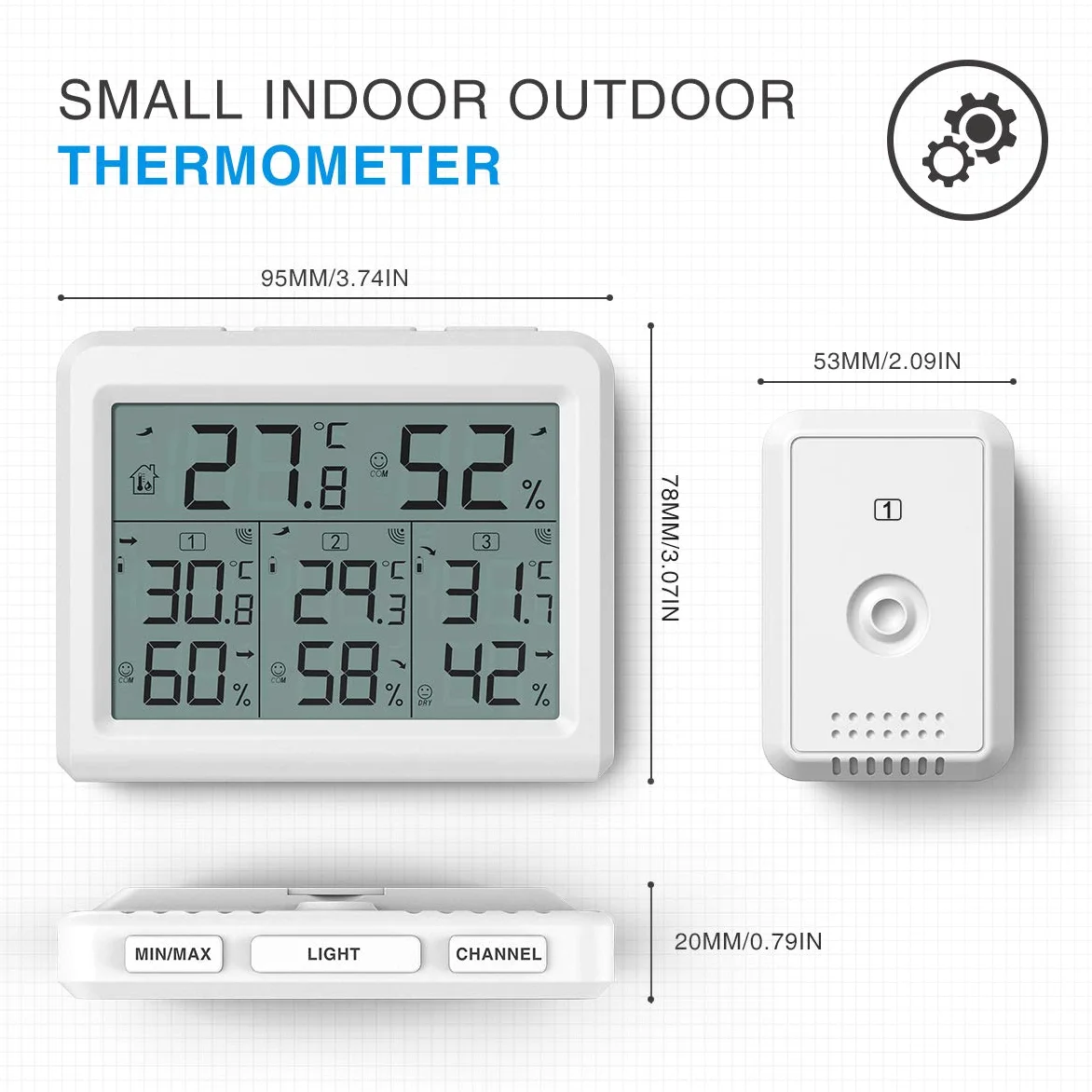 Indoor Outdoor Thermometer, Temperature Humidity Monitor with 3 Wireless Sensors, Humidity Gauge with LCD Backlight, Room Thermometer Hygrometer for Home