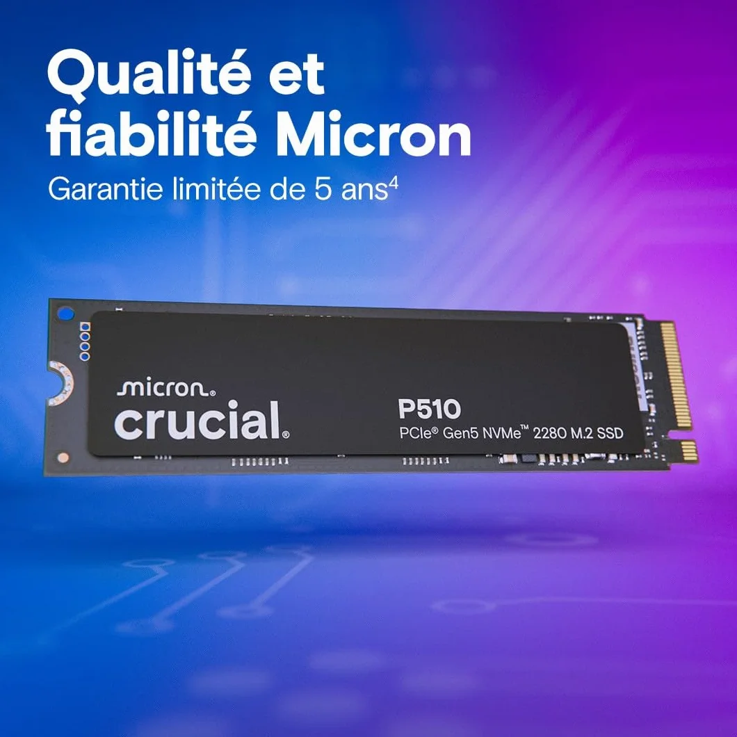 Crucial P510 SSD 1To PCIe 5.0 x4 NVMe M.2, Lecture 11.000 Mo/s, Écriture 9.500 Mo/s, TLC NAND, Disque Dur Interne