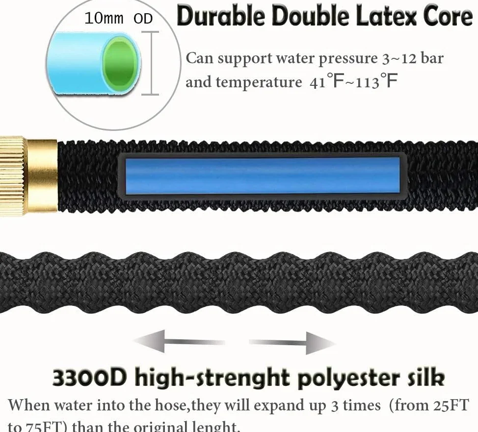 Tuyau d'arrosage extensible, 3 x 30,5 m pour jardin, tuyau d'arrosage rétractable, tuyau d'arrosage extensible avec double noyau en latex solide, avec pistolet pulvérisateur en métal
