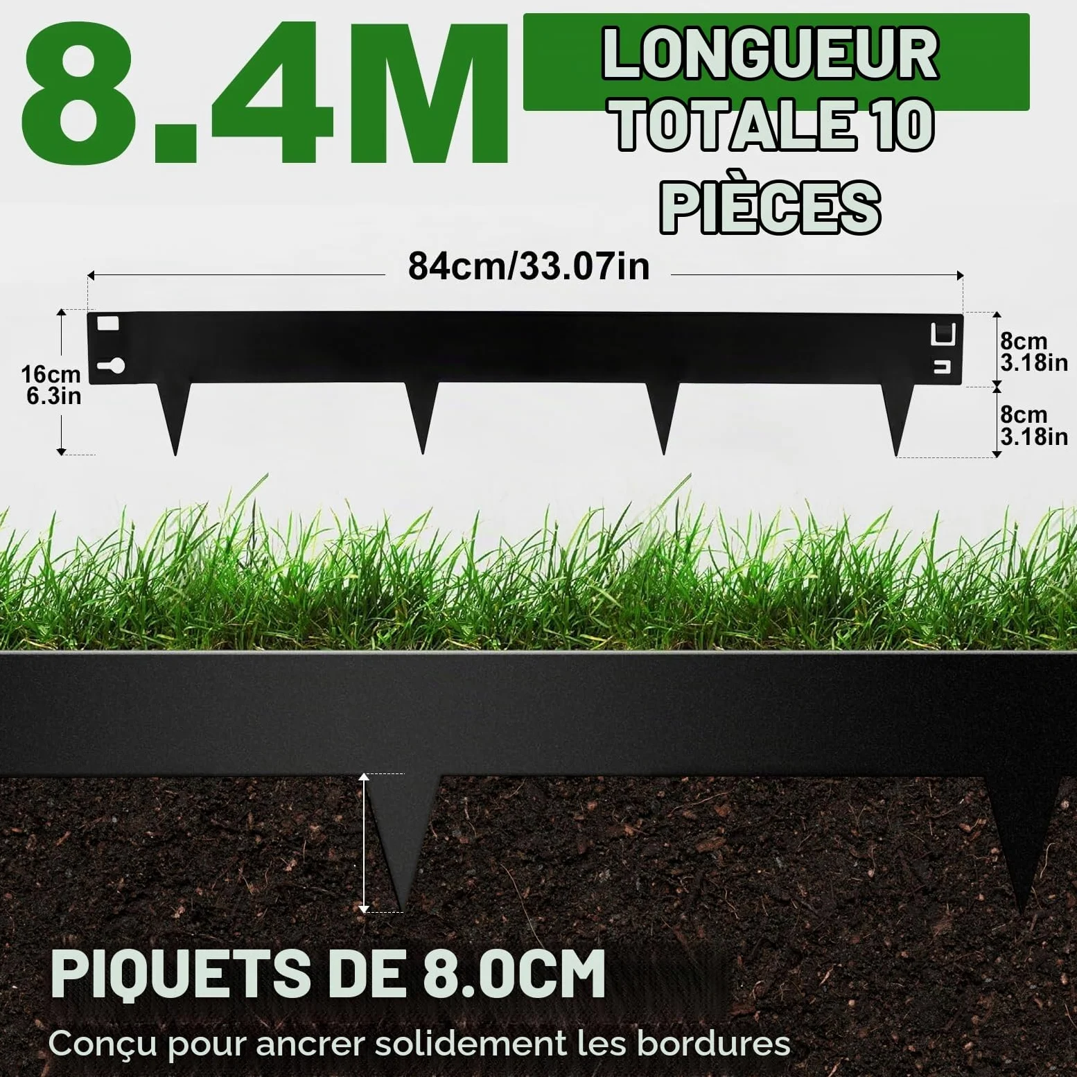 Bordure de Jardin en Métal Noir 84 x 16 cm, Lot de 10, Bordure Pelouse en Acier Thermolaqué avec Piquets Intégrés, Installation sans Outils pour Massifs, Pelouse, Allées et Entrées(Noir)