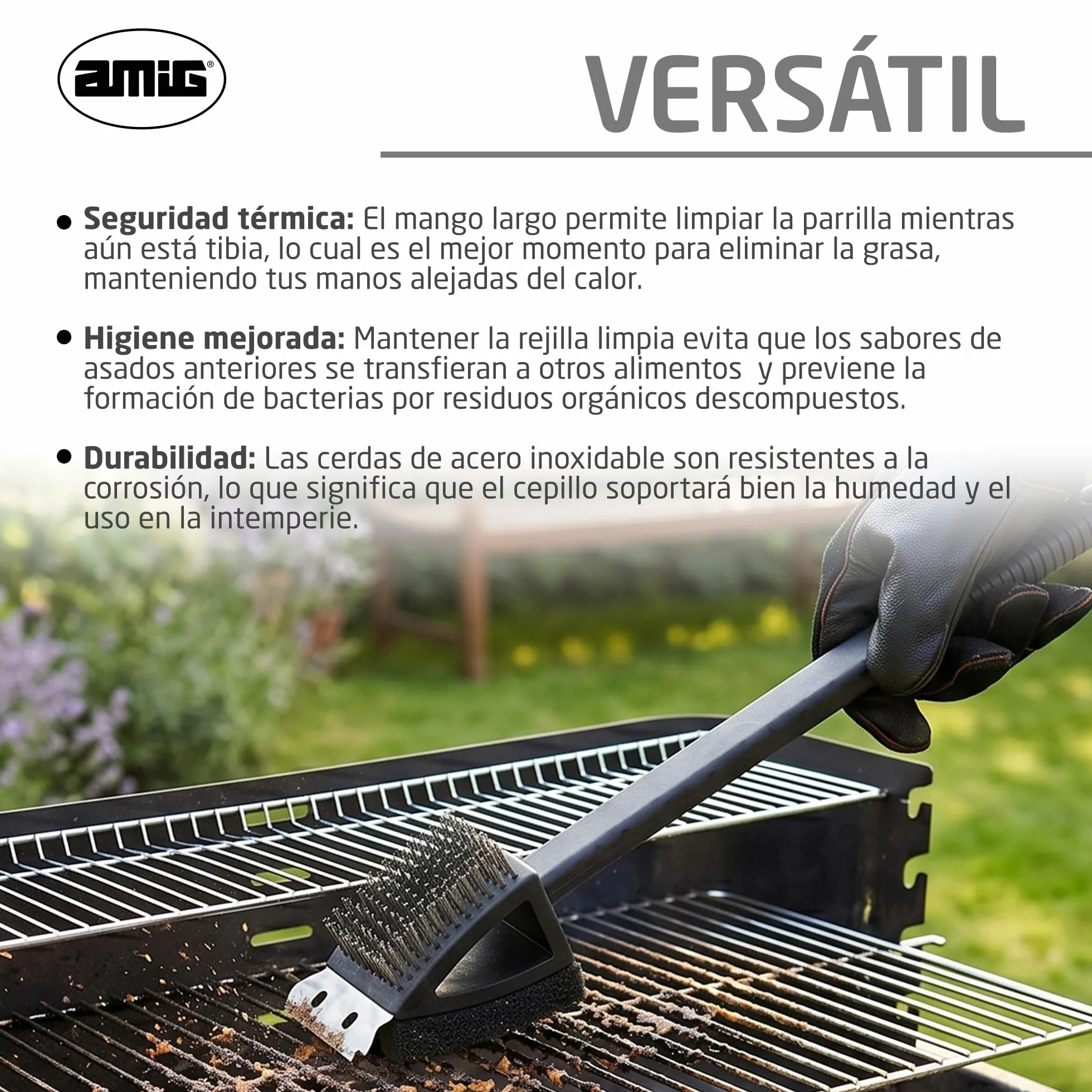 Amig Brosse de Nettoyage Barbecue 3 en 1 AM20 - Acier Inoxydable 201, 37 x 6 cm