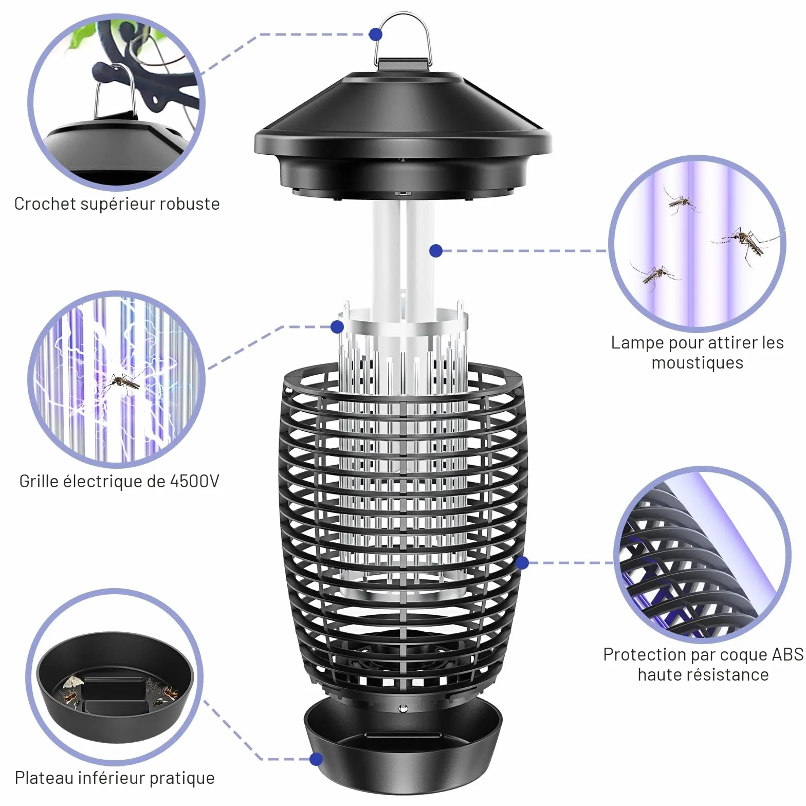 Palone Lampe Anti Moustique 4500V 20W UV Tueur d'Insectes Électrique Portée 100m² Intérieur Extérieur