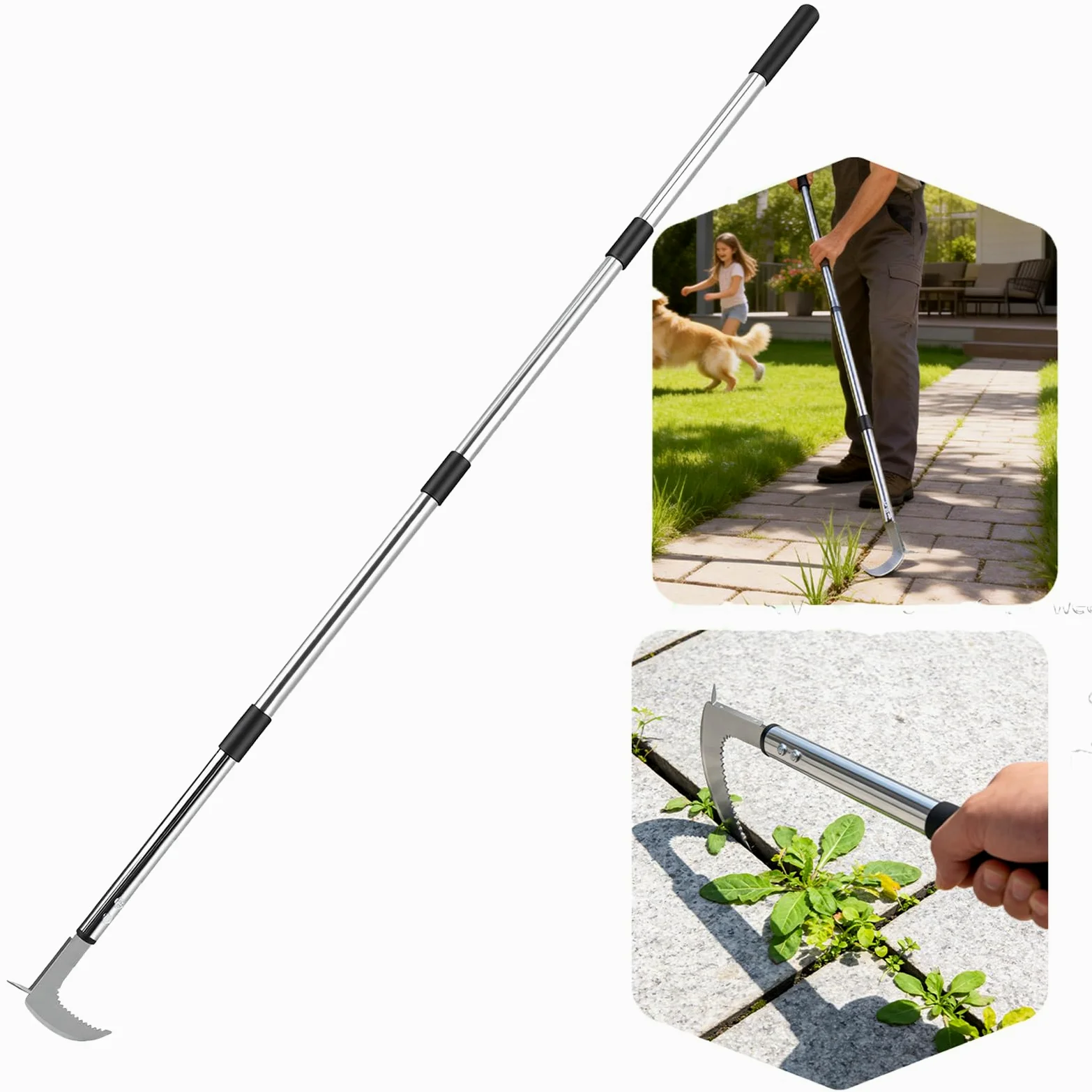 Outil de Désherbage avec Long Manche, 60-160 cm Désherbeur à Manche Long Réglables avec Bord Dentelé, Couteau Désherbeur Manuel en Acier Inoxydable pour Enlever la Mousse et Les Mauvaises Herbes