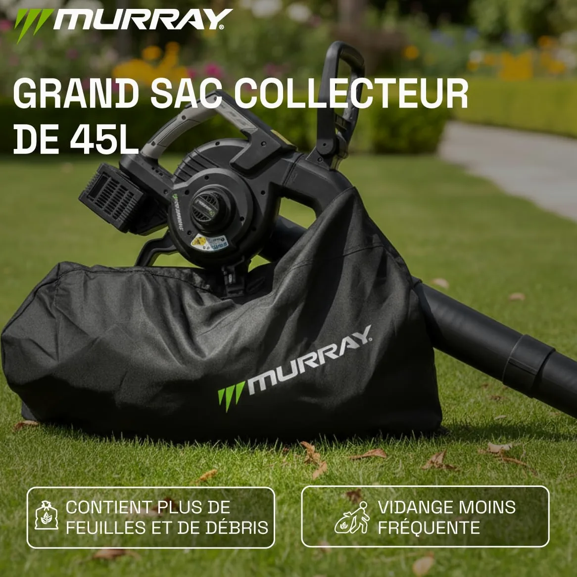 Murray Souffleur et Aspirateur de Feuilles à Batterie 20V 3-en-1 MU-BAT-VB270-KIT – Moteur sans Balais, Contrôle Intelligent, 4 Vitesses + Turbo, Sac à Poussière 45L, Montage Rapide
